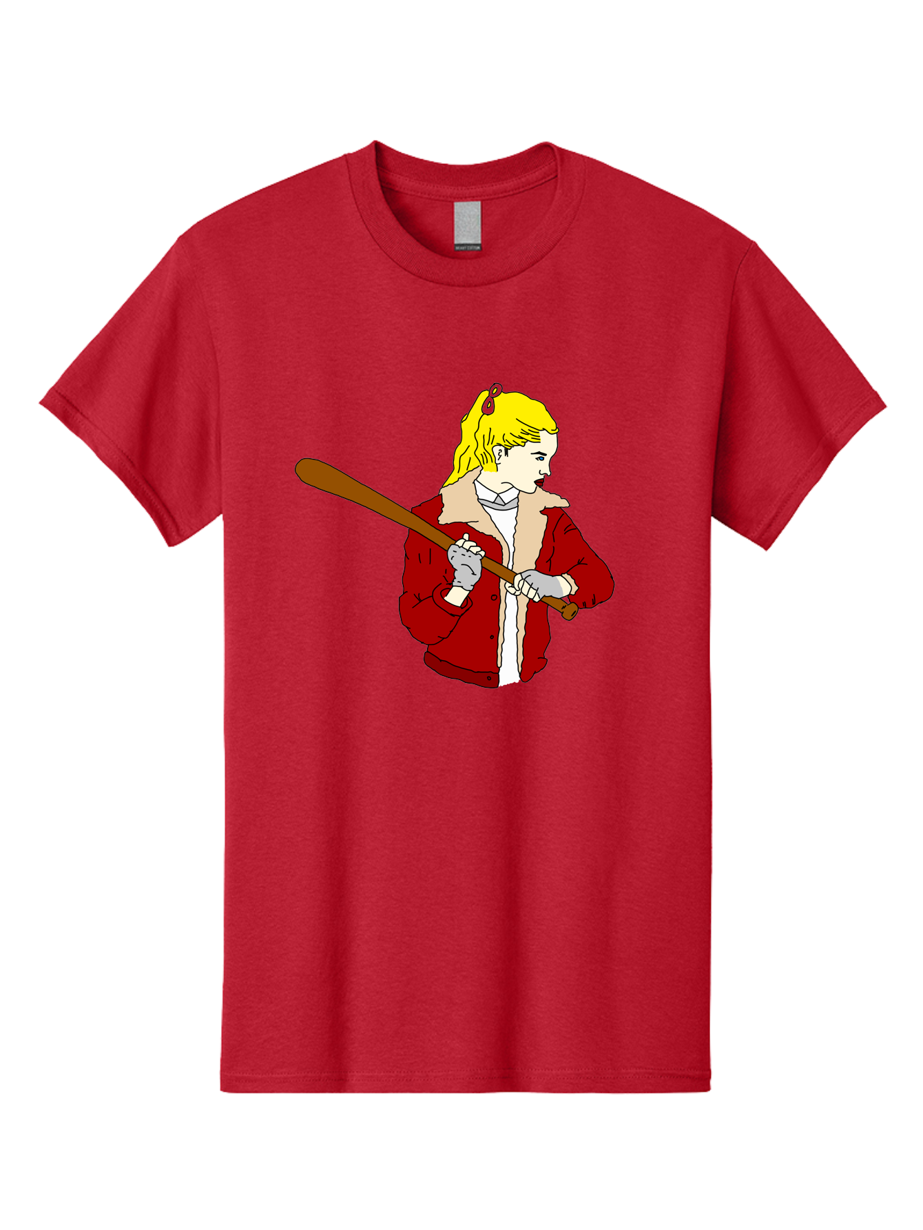 Girl-With-Baseball-Bat Men'S Graphic Tee, 100% Cotton, Comfortable Casual Summer Wear, Machine Washable, Girl With Blonde Hair, Red Jacket With Fur Collar, Holding Baseball Bat, Cartoon Style, Baseball Player, Young Athlete, Sporty Girl, - Aaa044 5