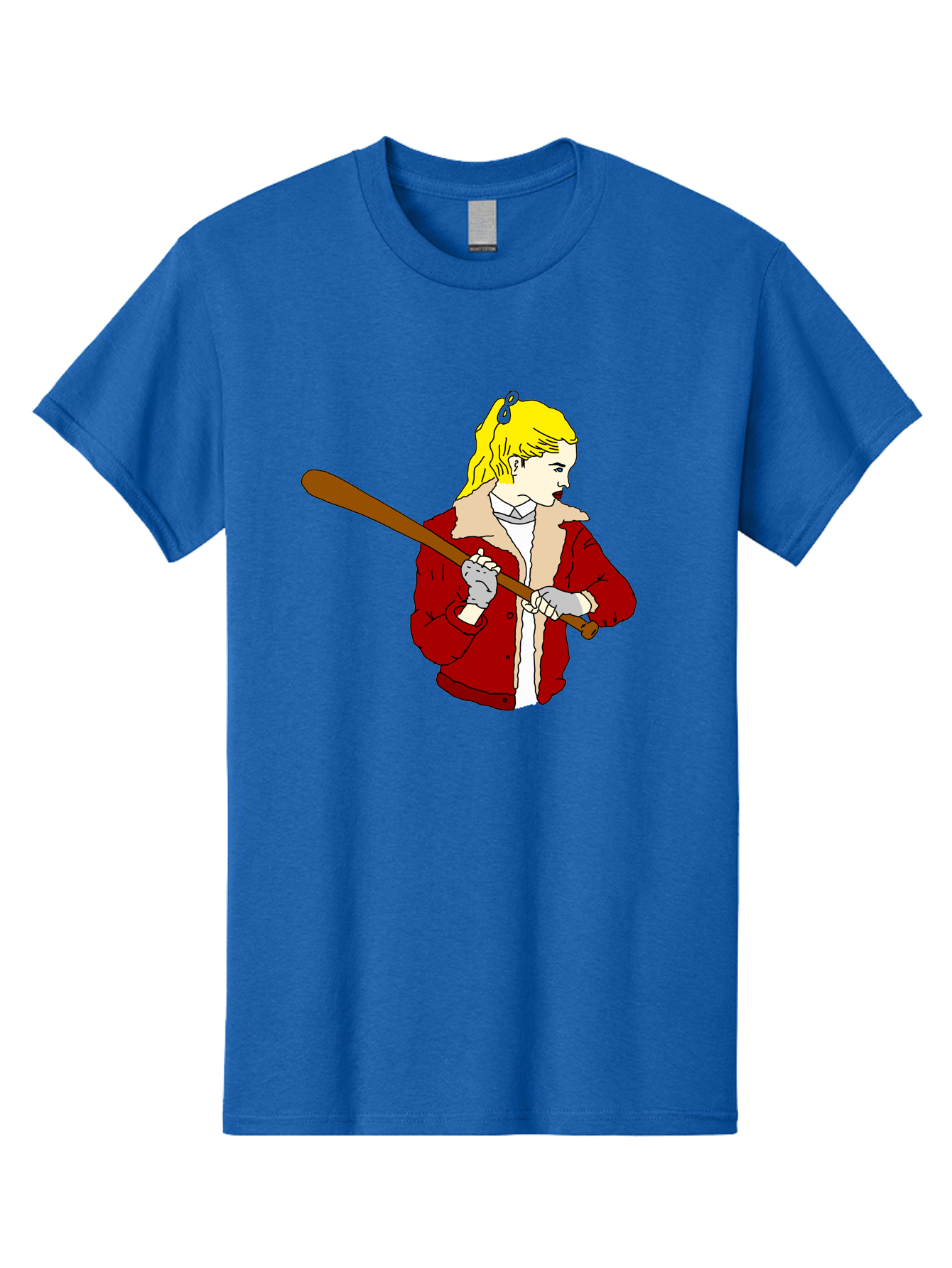 Girl-With-Baseball-Bat Men'S Graphic Tee, 100% Cotton, Comfortable Casual Summer Wear, Machine Washable, Girl With Blonde Hair, Red Jacket With Fur Collar, Holding Baseball Bat, Cartoon Style, Baseball Player, Young Athlete, Sporty Girl, - Aaa044 15