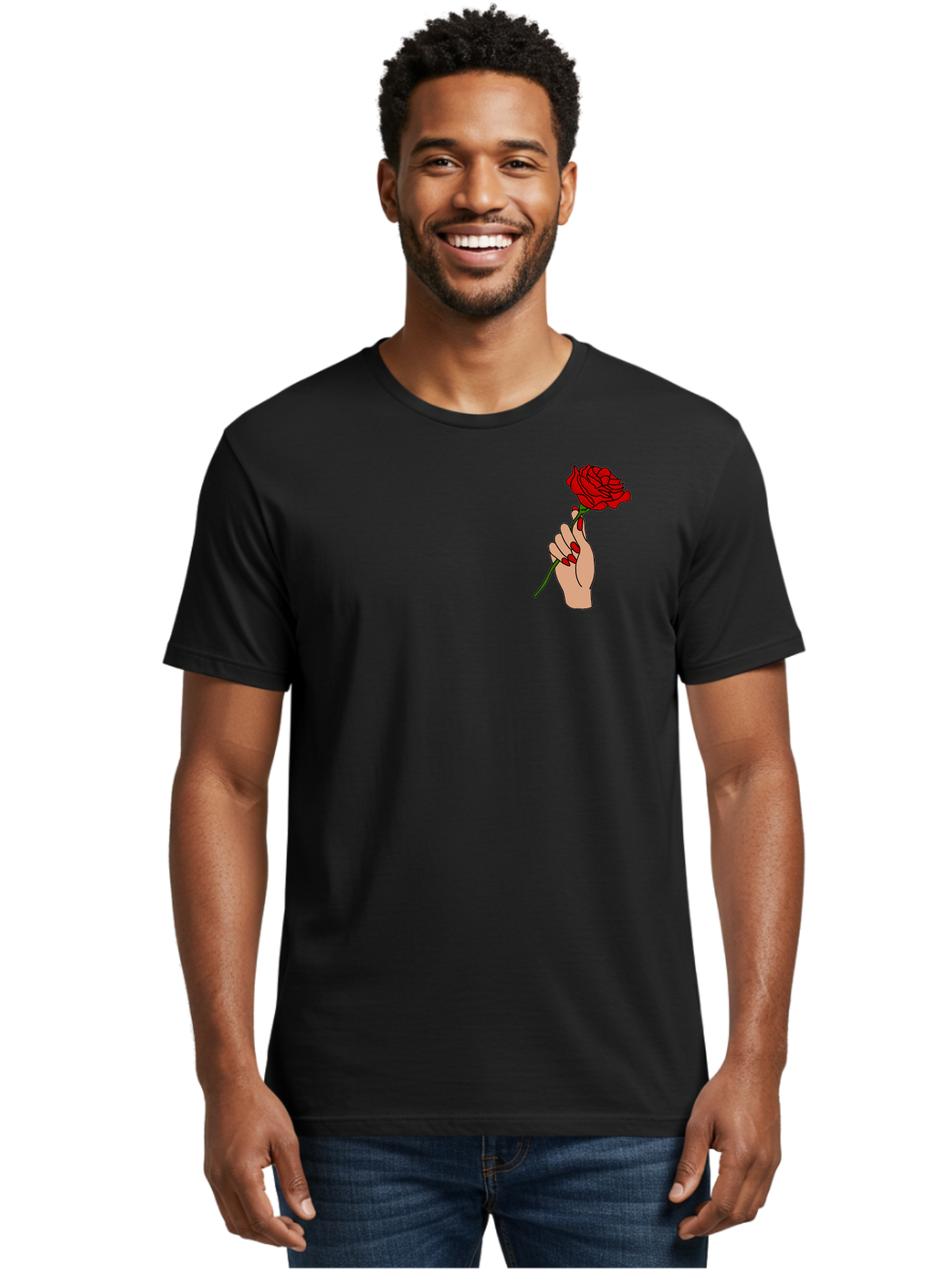 Hand-Holding-Red-Rose Men'S Graphic Tee, 100% Cotton, Comfortable Casual Summer Wear, Machine Washable, Hand Holding Red Rose, Red Rose Illustration, Romantic Gesture, Beautiful Flowers, Lovely Illustration, Cartoon Hand, Red Flowers - Aaa050 4