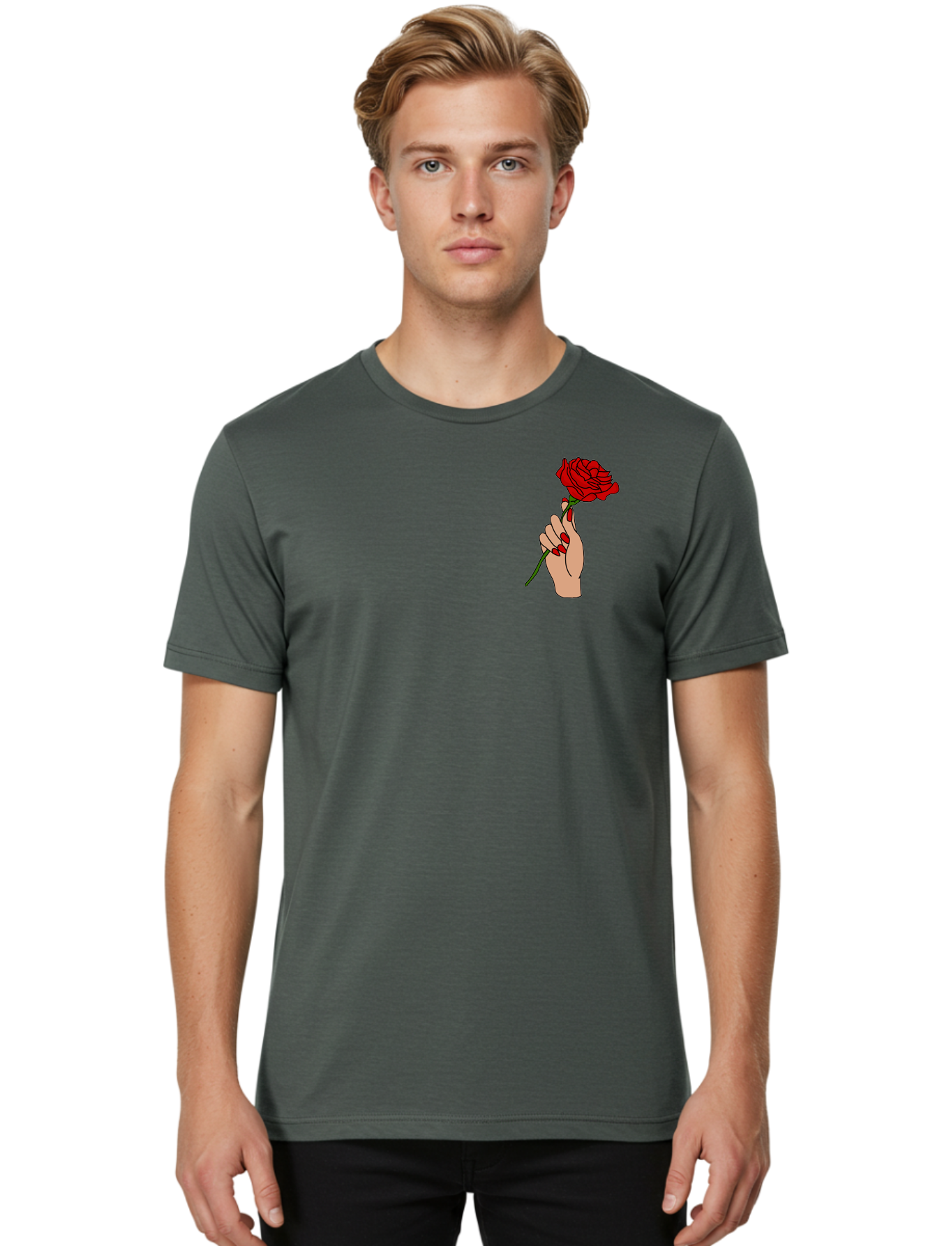 Hand-Holding-Red-Rose Men'S Graphic Tee, 100% Cotton, Comfortable Casual Summer Wear, Machine Washable, Hand Holding Red Rose, Red Rose Illustration, Romantic Gesture, Beautiful Flowers, Lovely Illustration, Cartoon Hand, Red Flowers - Aaa050 28