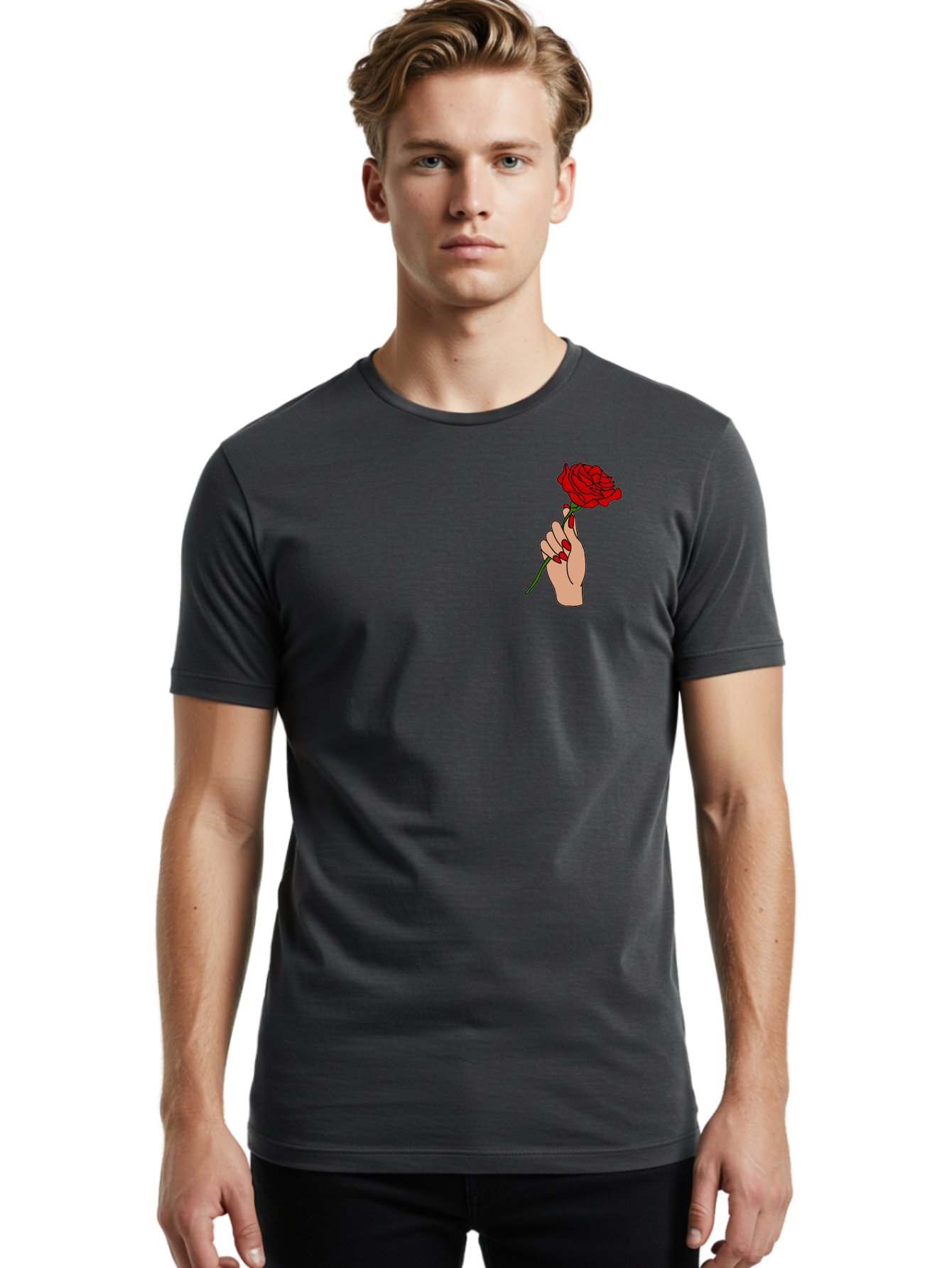 Hand-Holding-Red-Rose Men'S Graphic Tee, 100% Cotton, Comfortable Casual Summer Wear, Machine Washable, Hand Holding Red Rose, Red Rose Illustration, Romantic Gesture, Beautiful Flowers, Lovely Illustration, Cartoon Hand, Red Flowers - Aaa050 20