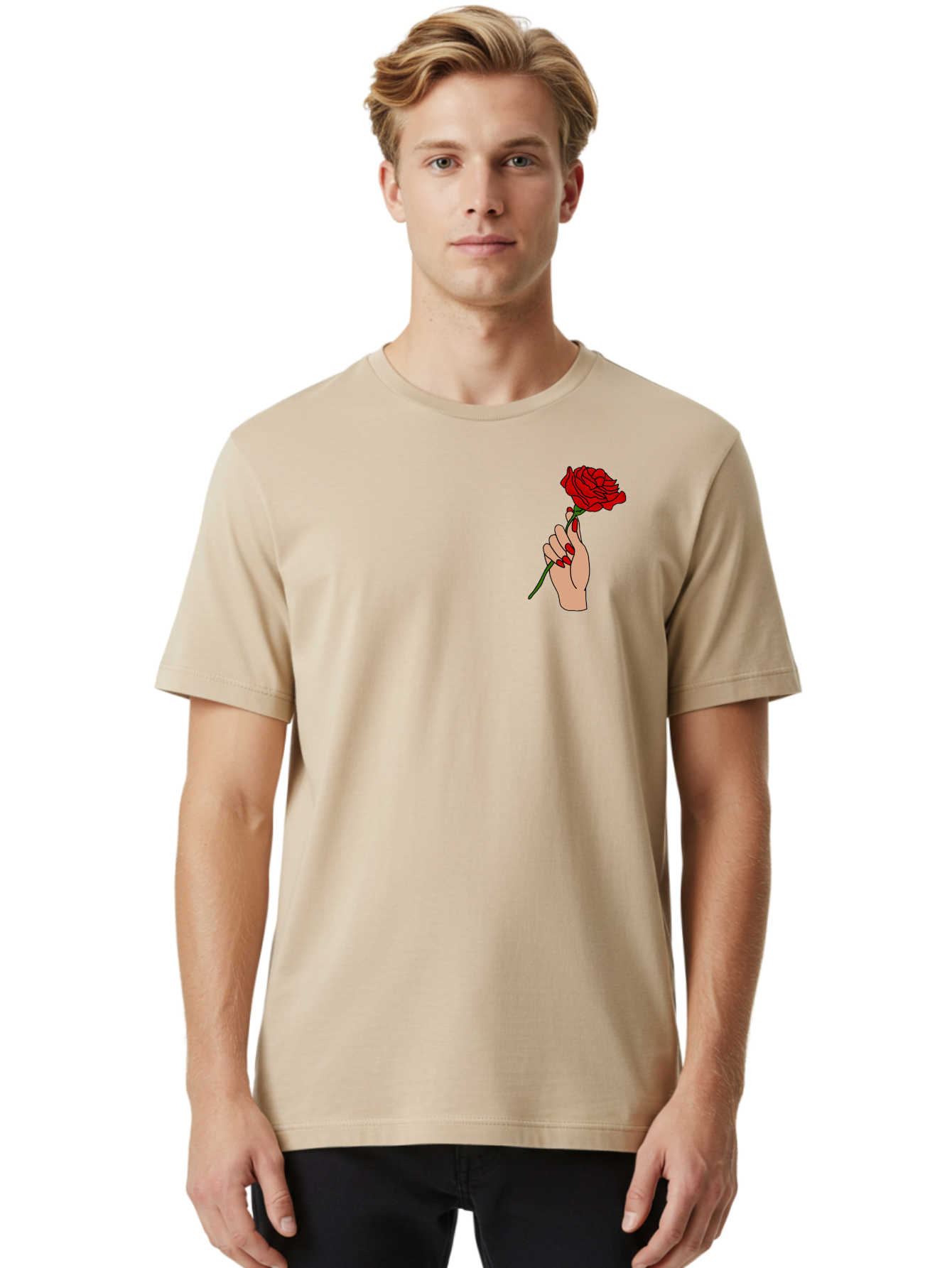 Hand-Holding-Red-Rose Men'S Graphic Tee, 100% Cotton, Comfortable Casual Summer Wear, Machine Washable, Hand Holding Red Rose, Red Rose Illustration, Romantic Gesture, Beautiful Flowers, Lovely Illustration, Cartoon Hand, Red Flowers - Aaa050 26