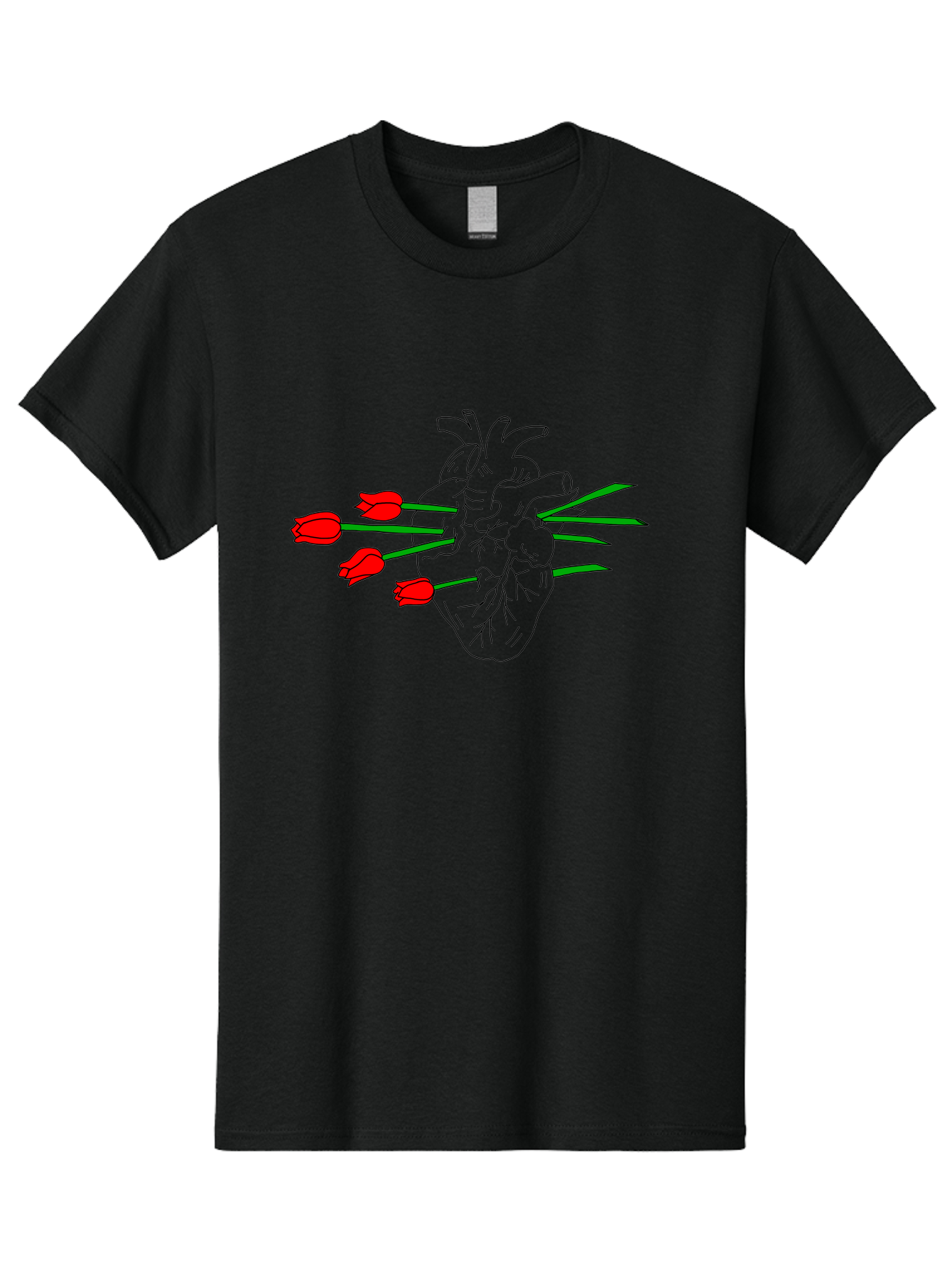 Heart-With-Tulips Men'S Graphic Tee, 100% Cotton, Comfortable Casual Summer Wear, Machine Washable, Human Heart, Anatomical Illustration, Tulips, Red Flowers, Daggers, Piercing, Love, Pain, Beauty, Contrast, Symbolic Art, - Aaa052 13