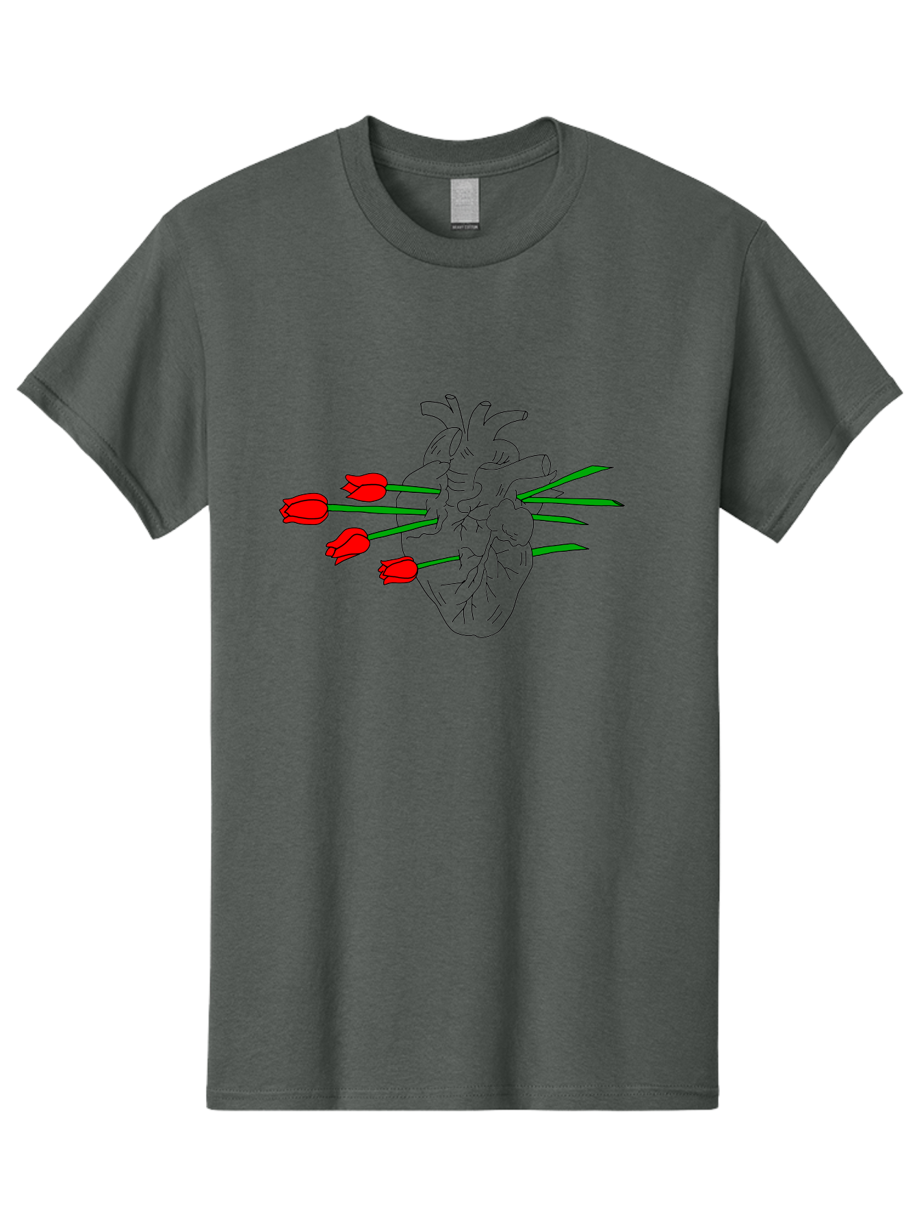 Heart-With-Tulips Men'S Graphic Tee, 100% Cotton, Comfortable Casual Summer Wear, Machine Washable, Human Heart, Anatomical Illustration, Tulips, Red Flowers, Daggers, Piercing, Love, Pain, Beauty, Contrast, Symbolic Art, - Aaa052 23