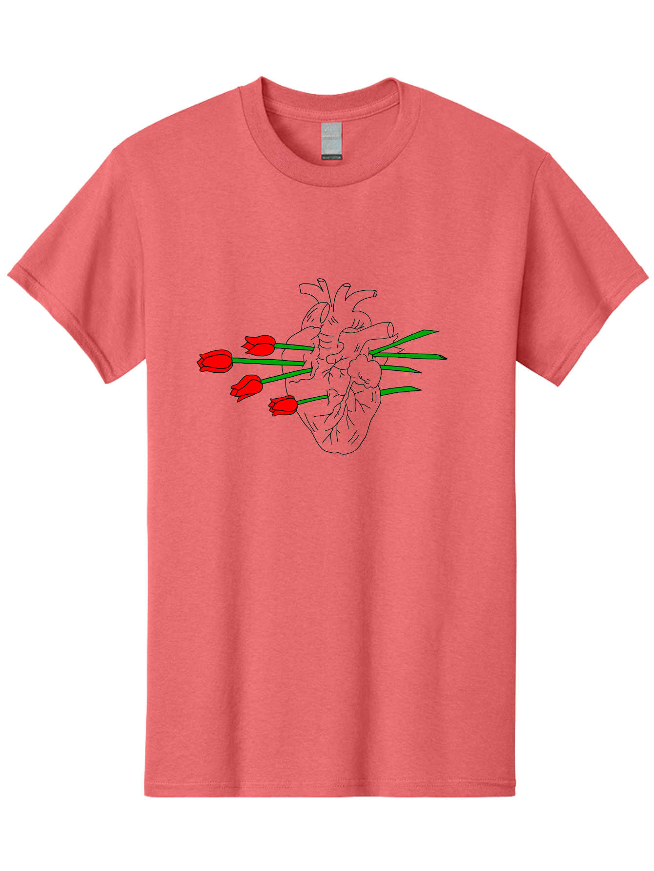 Heart-With-Tulips Men'S Graphic Tee, 100% Cotton, Comfortable Casual Summer Wear, Machine Washable, Human Heart, Anatomical Illustration, Tulips, Red Flowers, Daggers, Piercing, Love, Pain, Beauty, Contrast, Symbolic Art, - Aaa052 27