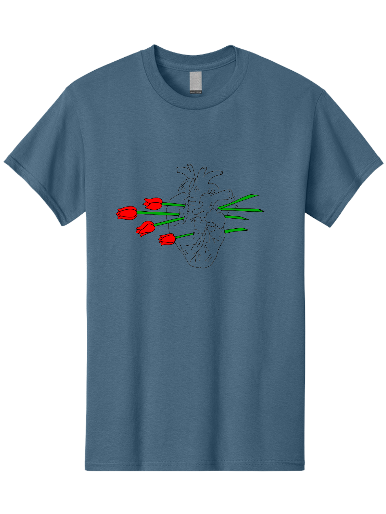 Heart-With-Tulips Men'S Graphic Tee, 100% Cotton, Comfortable Casual Summer Wear, Machine Washable, Human Heart, Anatomical Illustration, Tulips, Red Flowers, Daggers, Piercing, Love, Pain, Beauty, Contrast, Symbolic Art, - Aaa052 21