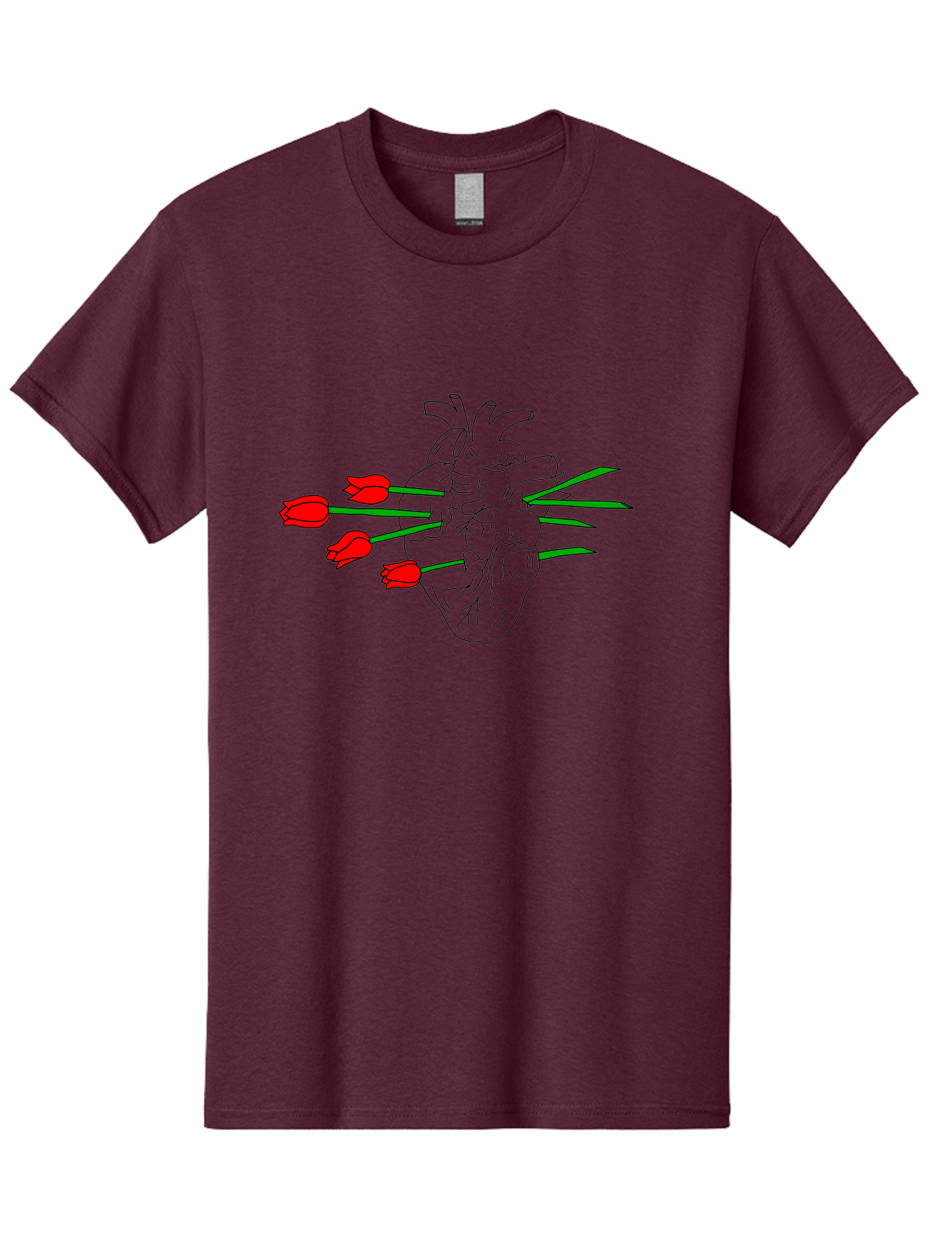 Heart-With-Tulips Men'S Graphic Tee, 100% Cotton, Comfortable Casual Summer Wear, Machine Washable, Human Heart, Anatomical Illustration, Tulips, Red Flowers, Daggers, Piercing, Love, Pain, Beauty, Contrast, Symbolic Art, - Aaa052 25