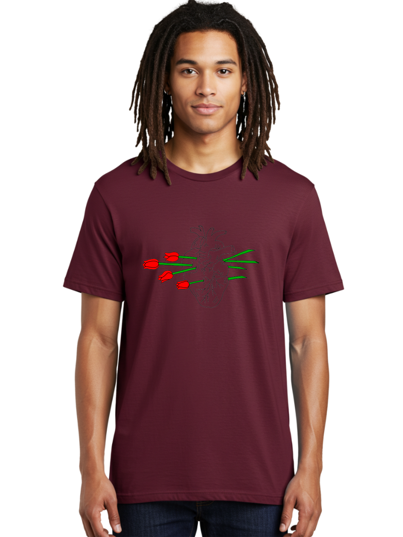 Heart-With-Tulips Men'S Graphic Tee, 100% Cotton, Comfortable Casual Summer Wear, Machine Washable, Human Heart, Anatomical Illustration, Tulips, Red Flowers, Daggers, Piercing, Love, Pain, Beauty, Contrast, Symbolic Art, - Aaa052 26