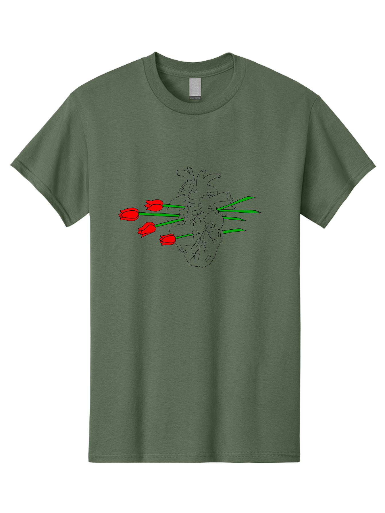 Heart-With-Tulips Men'S Graphic Tee, 100% Cotton, Comfortable Casual Summer Wear, Machine Washable, Human Heart, Anatomical Illustration, Tulips, Red Flowers, Daggers, Piercing, Love, Pain, Beauty, Contrast, Symbolic Art, - Aaa052 7