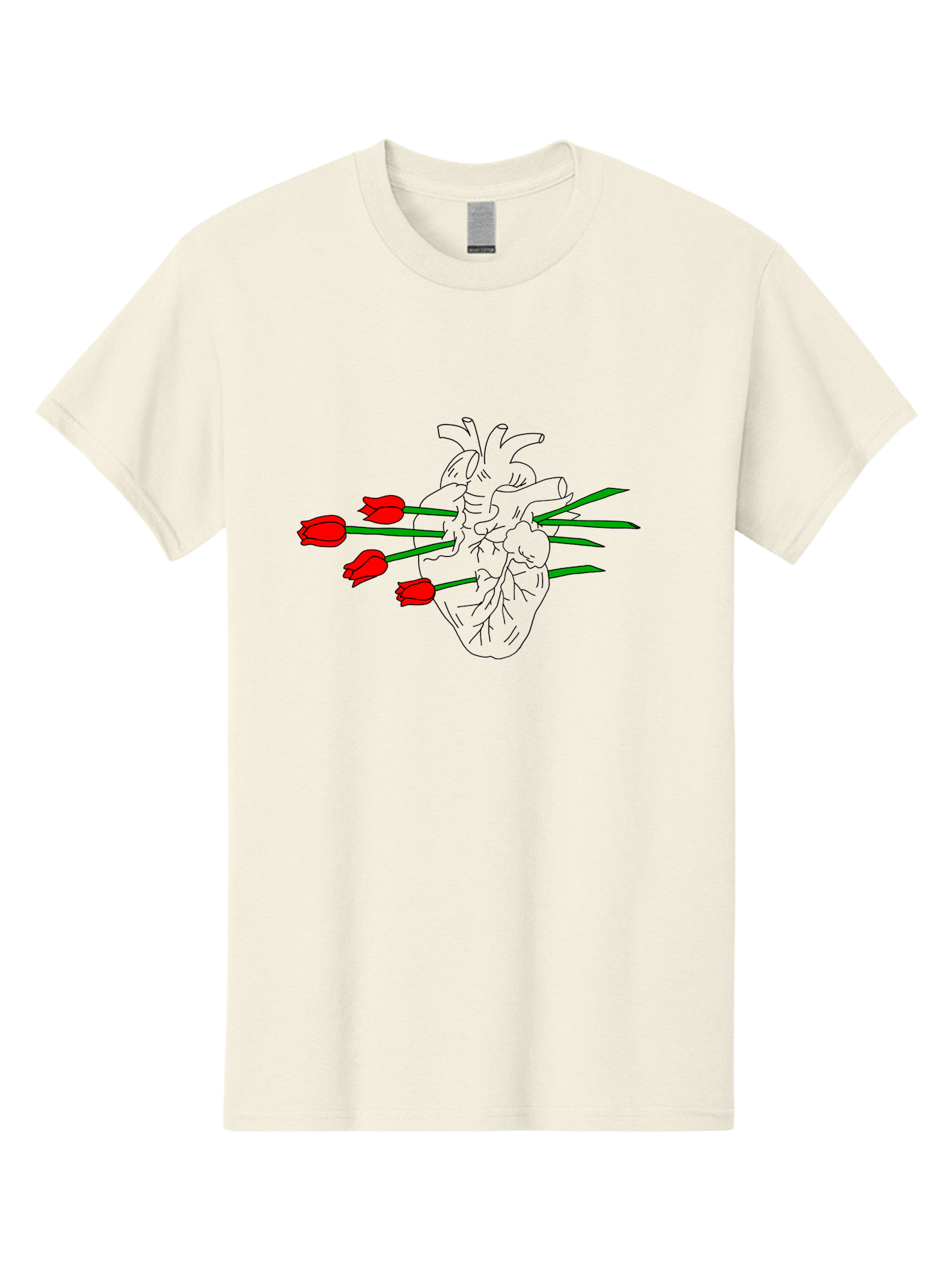 Heart-With-Tulips Men'S Graphic Tee, 100% Cotton, Comfortable Casual Summer Wear, Machine Washable, Human Heart, Anatomical Illustration, Tulips, Red Flowers, Daggers, Piercing, Love, Pain, Beauty, Contrast, Symbolic Art, - Aaa052 17