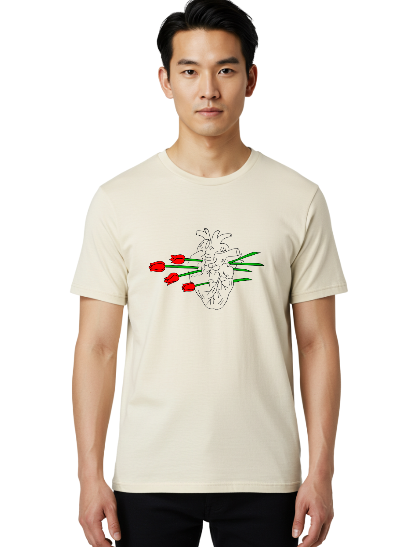 Heart-With-Tulips Men'S Graphic Tee, 100% Cotton, Comfortable Casual Summer Wear, Machine Washable, Human Heart, Anatomical Illustration, Tulips, Red Flowers, Daggers, Piercing, Love, Pain, Beauty, Contrast, Symbolic Art, - Aaa052 18