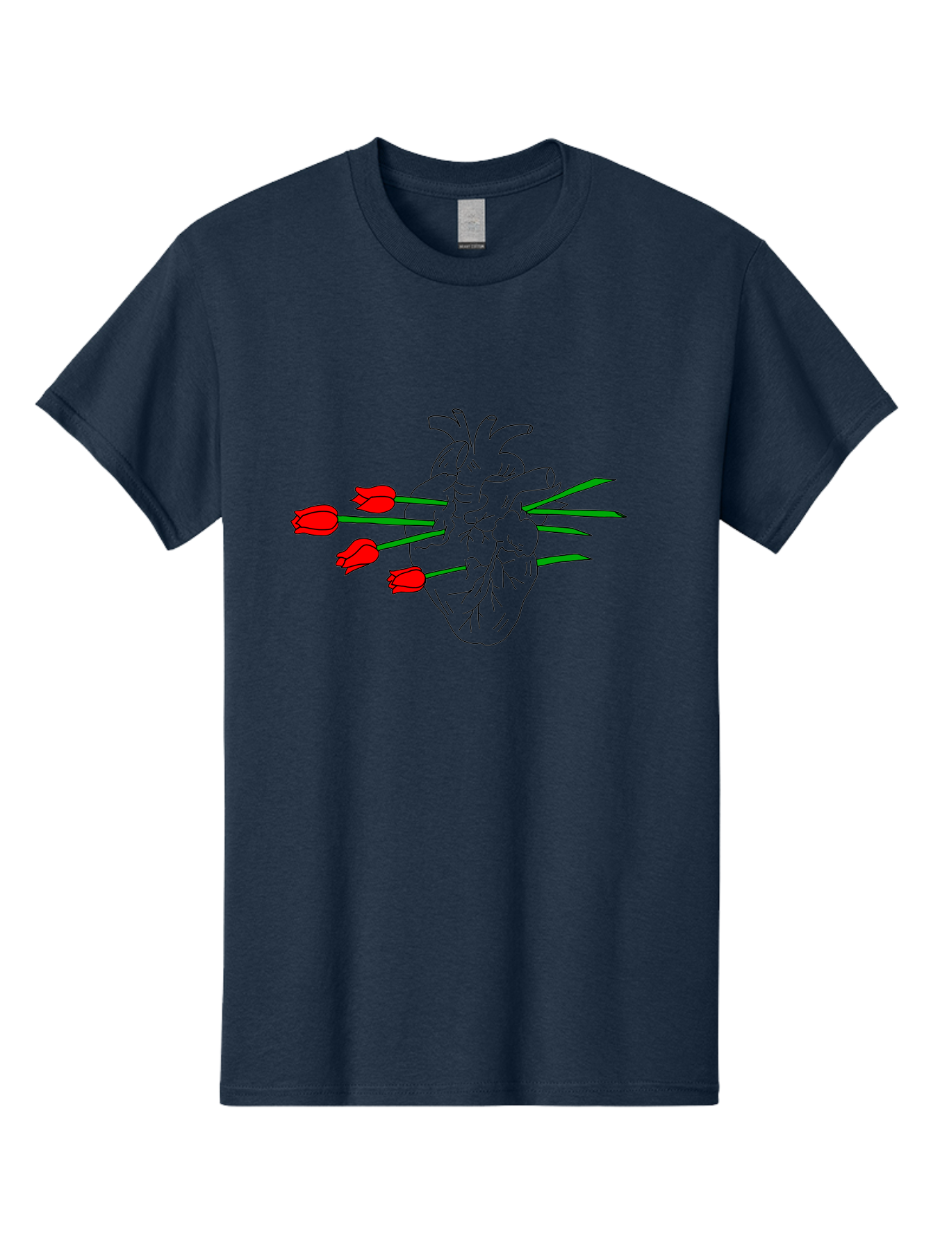Heart-With-Tulips Men'S Graphic Tee, 100% Cotton, Comfortable Casual Summer Wear, Machine Washable, Human Heart, Anatomical Illustration, Tulips, Red Flowers, Daggers, Piercing, Love, Pain, Beauty, Contrast, Symbolic Art, - Aaa052 5