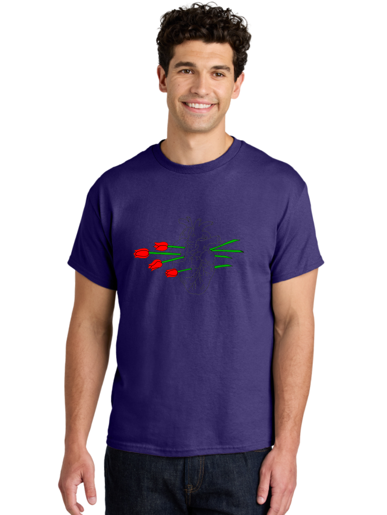 Heart-With-Tulips Men'S Graphic Tee, 100% Cotton, Comfortable Casual Summer Wear, Machine Washable, Human Heart, Anatomical Illustration, Tulips, Red Flowers, Daggers, Piercing, Love, Pain, Beauty, Contrast, Symbolic Art, - Aaa052 10