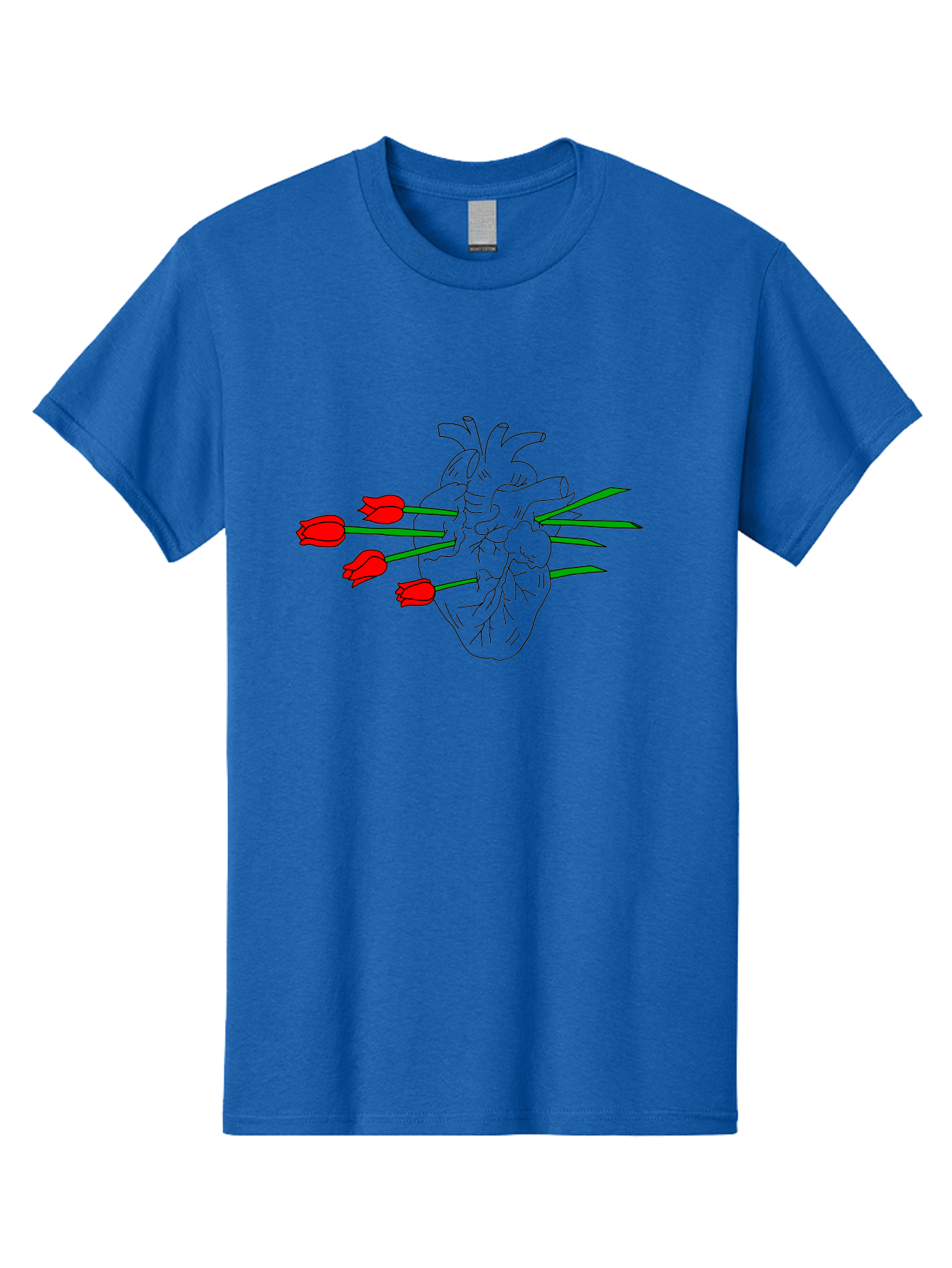 Heart-With-Tulips Men'S Graphic Tee, 100% Cotton, Comfortable Casual Summer Wear, Machine Washable, Human Heart, Anatomical Illustration, Tulips, Red Flowers, Daggers, Piercing, Love, Pain, Beauty, Contrast, Symbolic Art, - Aaa052 19