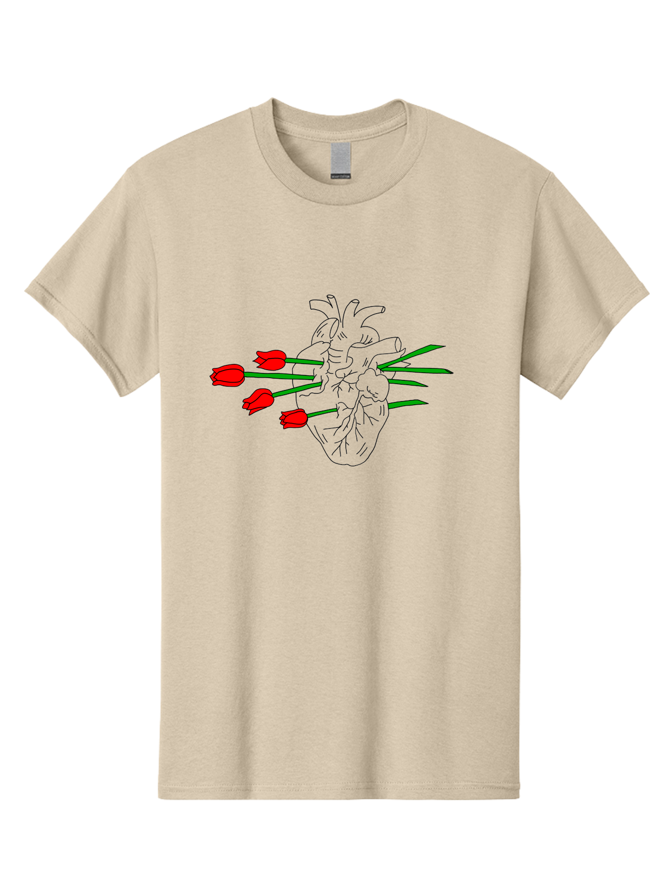 Heart-With-Tulips Men'S Graphic Tee, 100% Cotton, Comfortable Casual Summer Wear, Machine Washable, Human Heart, Anatomical Illustration, Tulips, Red Flowers, Daggers, Piercing, Love, Pain, Beauty, Contrast, Symbolic Art, - Aaa052 3