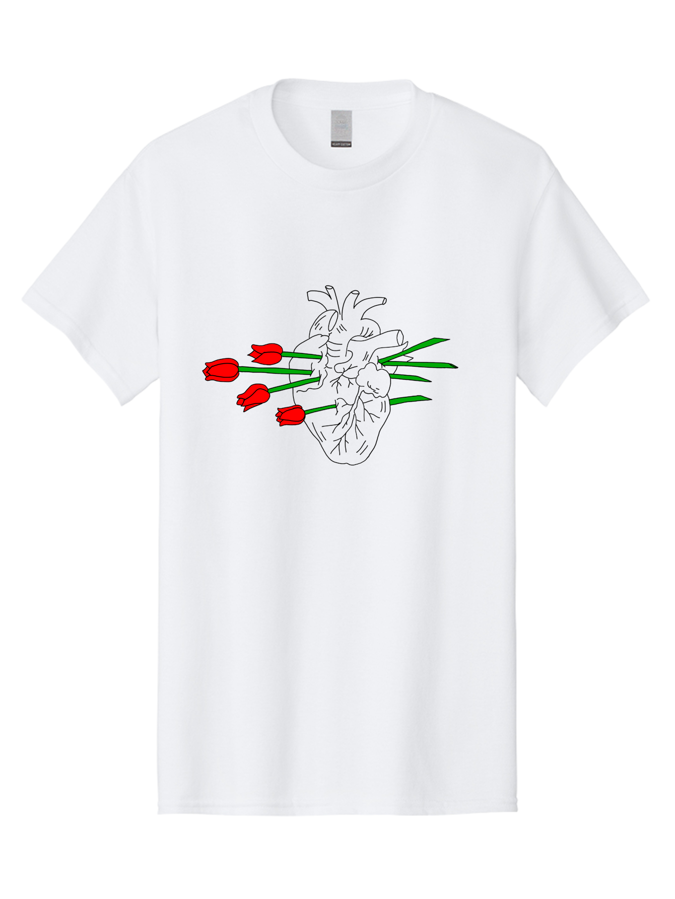 Heart-With-Tulips Men'S Graphic Tee, 100% Cotton, Comfortable Casual Summer Wear, Machine Washable, Human Heart, Anatomical Illustration, Tulips, Red Flowers, Daggers, Piercing, Love, Pain, Beauty, Contrast, Symbolic Art, - Aaa052 11