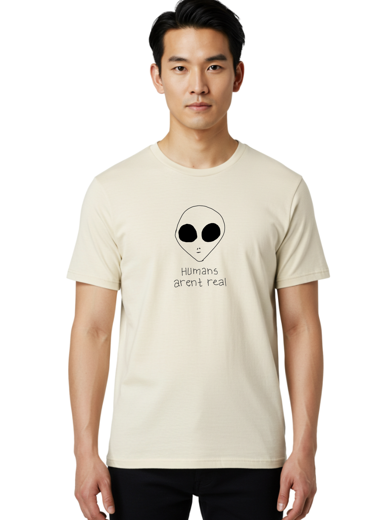 Humans-Aren-T-Real Men'S Graphic Tee, 100% Cotton, Comfortable Casual Summer Wear, Machine Washable, Alien Conspiracy Theory, Cartoon Alien, Humor, Parody, Satirical Art, Extraterrestrial Life, Pop Culture, Doodle Art, Funny Memes, - Aaa055 22