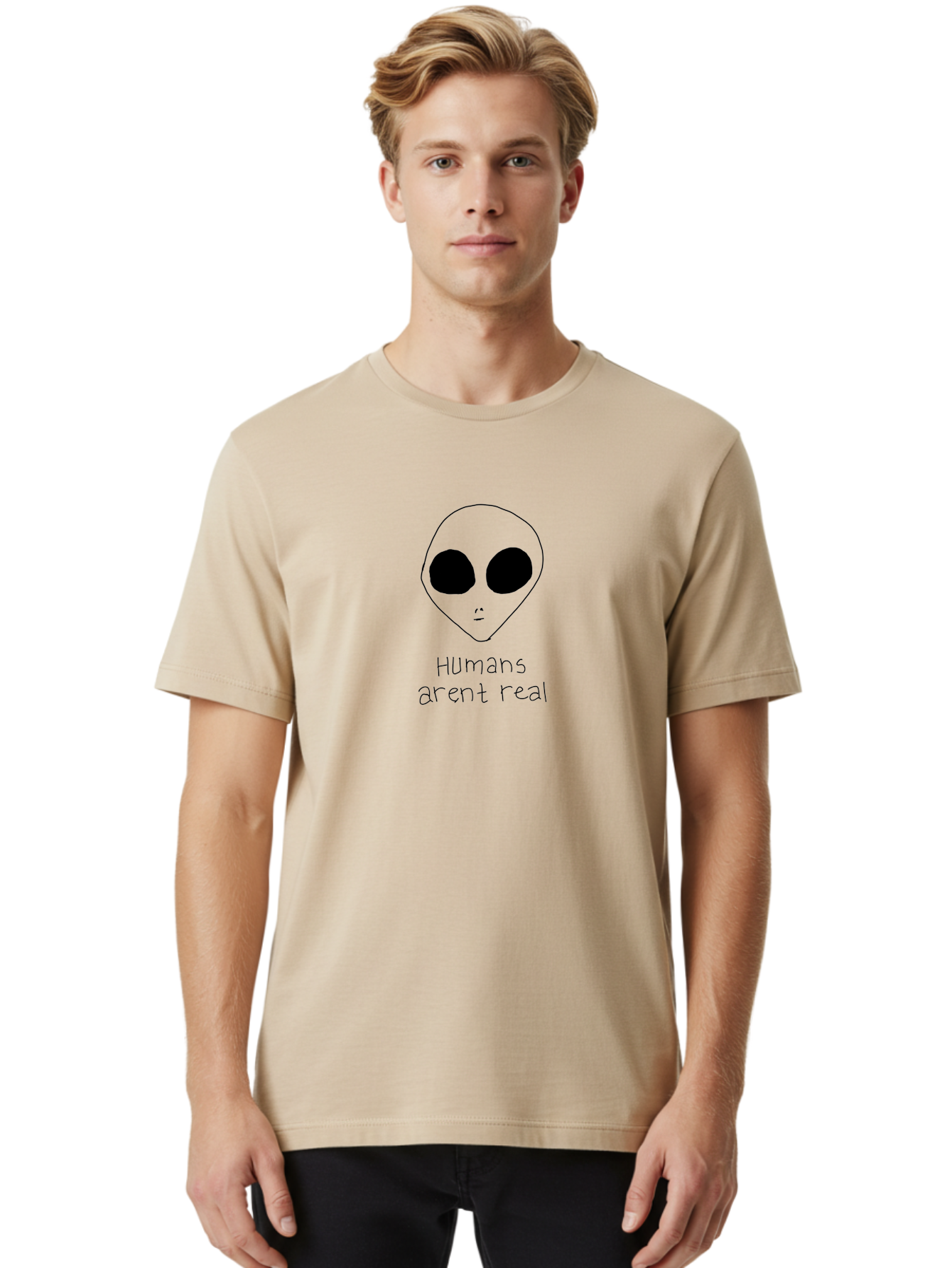 Humans-Aren-T-Real Men'S Graphic Tee, 100% Cotton, Comfortable Casual Summer Wear, Machine Washable, Alien Conspiracy Theory, Cartoon Alien, Humor, Parody, Satirical Art, Extraterrestrial Life, Pop Culture, Doodle Art, Funny Memes, - Aaa055 12