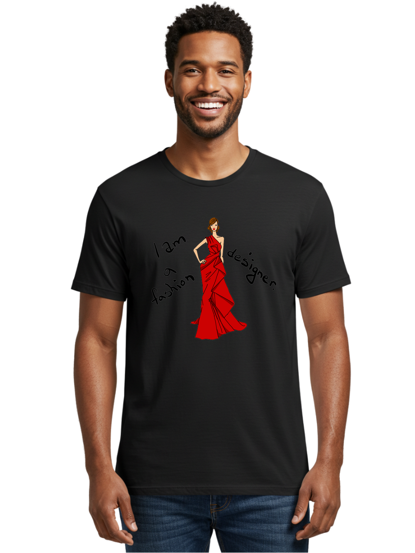 I-Am-A-Fashion-Designer Men'S Graphic Tee, 100% Cotton, Comfortable Casual Summer Wear, Machine Washable, Fashion Designer, Stylish Woman, Red Dress, Elegant Pose, Fashion Statement, Design Inspiration, Fashion Illustration, - Aaa057 6