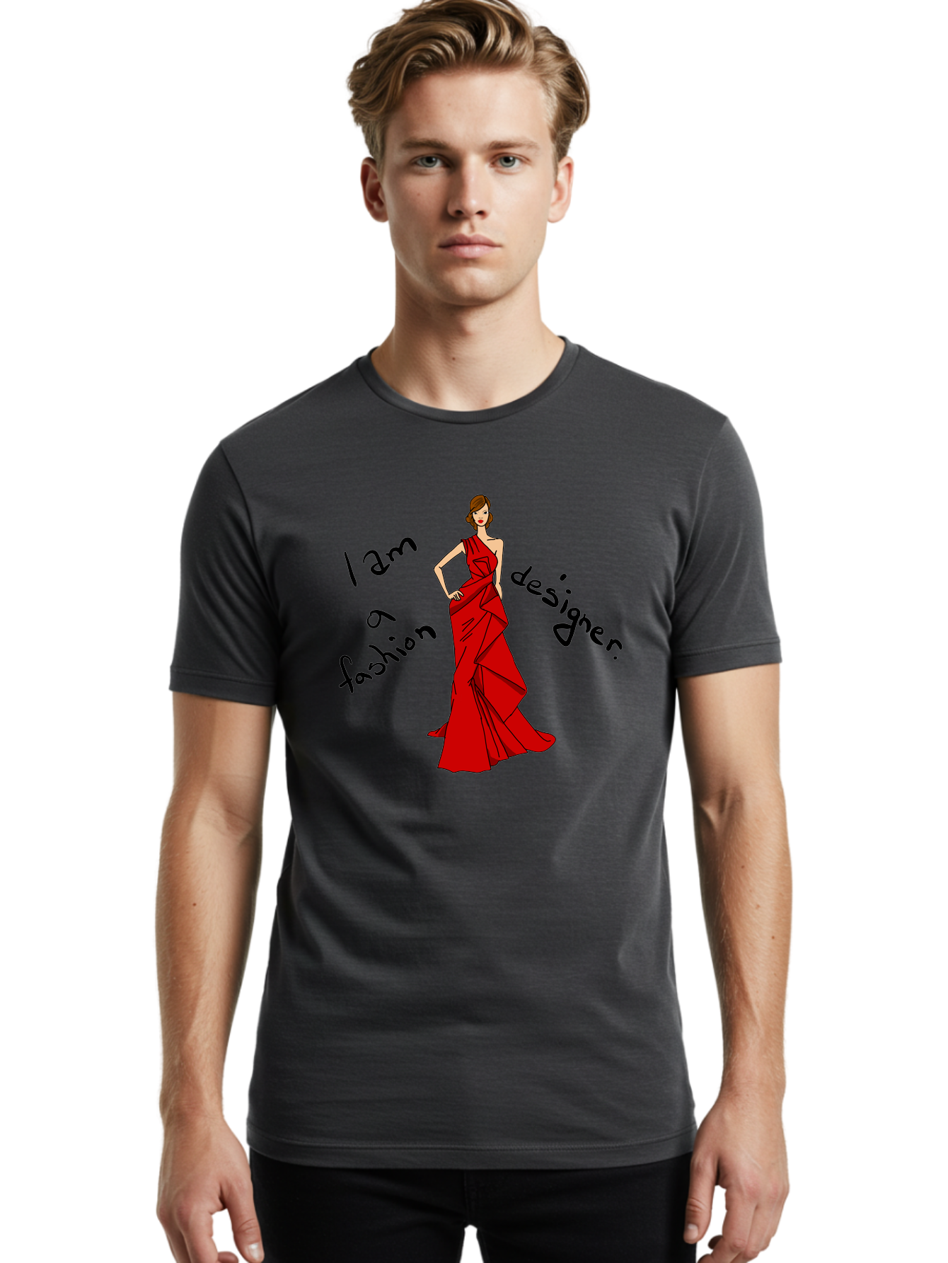 I-Am-A-Fashion-Designer Men'S Graphic Tee, 100% Cotton, Comfortable Casual Summer Wear, Machine Washable, Fashion Designer, Stylish Woman, Red Dress, Elegant Pose, Fashion Statement, Design Inspiration, Fashion Illustration, - Aaa057 24