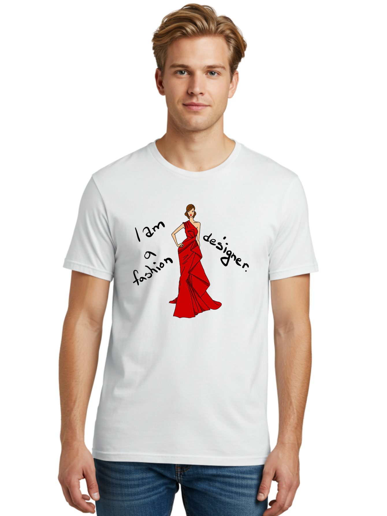 I-Am-A-Fashion-Designer Men'S Graphic Tee, 100% Cotton, Comfortable Casual Summer Wear, Machine Washable, Fashion Designer, Stylish Woman, Red Dress, Elegant Pose, Fashion Statement, Design Inspiration, Fashion Illustration, - Aaa057 26