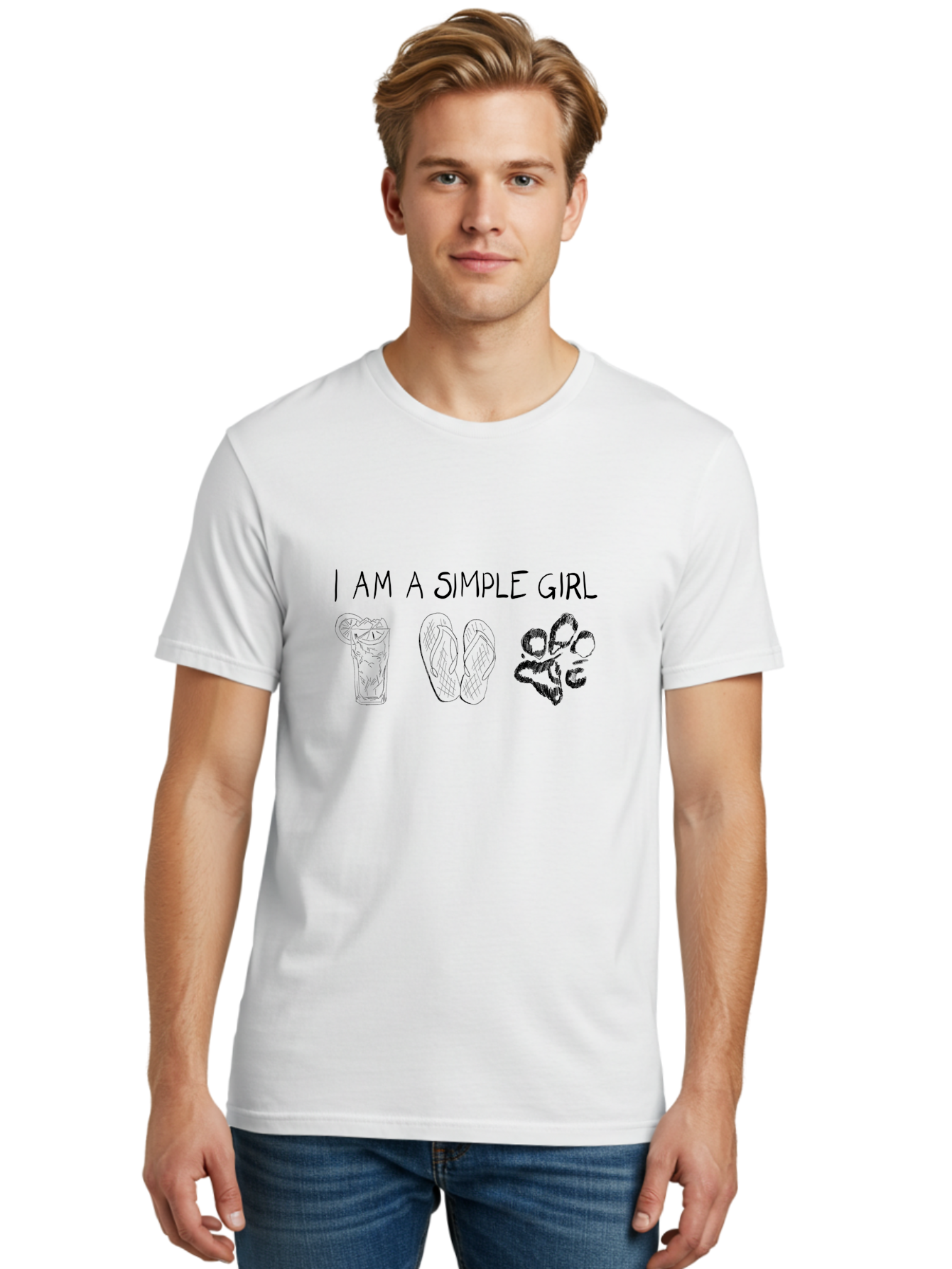 I-Am-A-Simple-Girl Men'S Graphic Tee, 100% Cotton, Comfortable Casual Summer Wear, Machine Washable, Simple Girl Quote, Cute Illustrations, Cocktail Drink, Flip Flops, Dog Paw, Casual Lifestyle, Relaxed Vibe, Fun Design - Aaa058 28