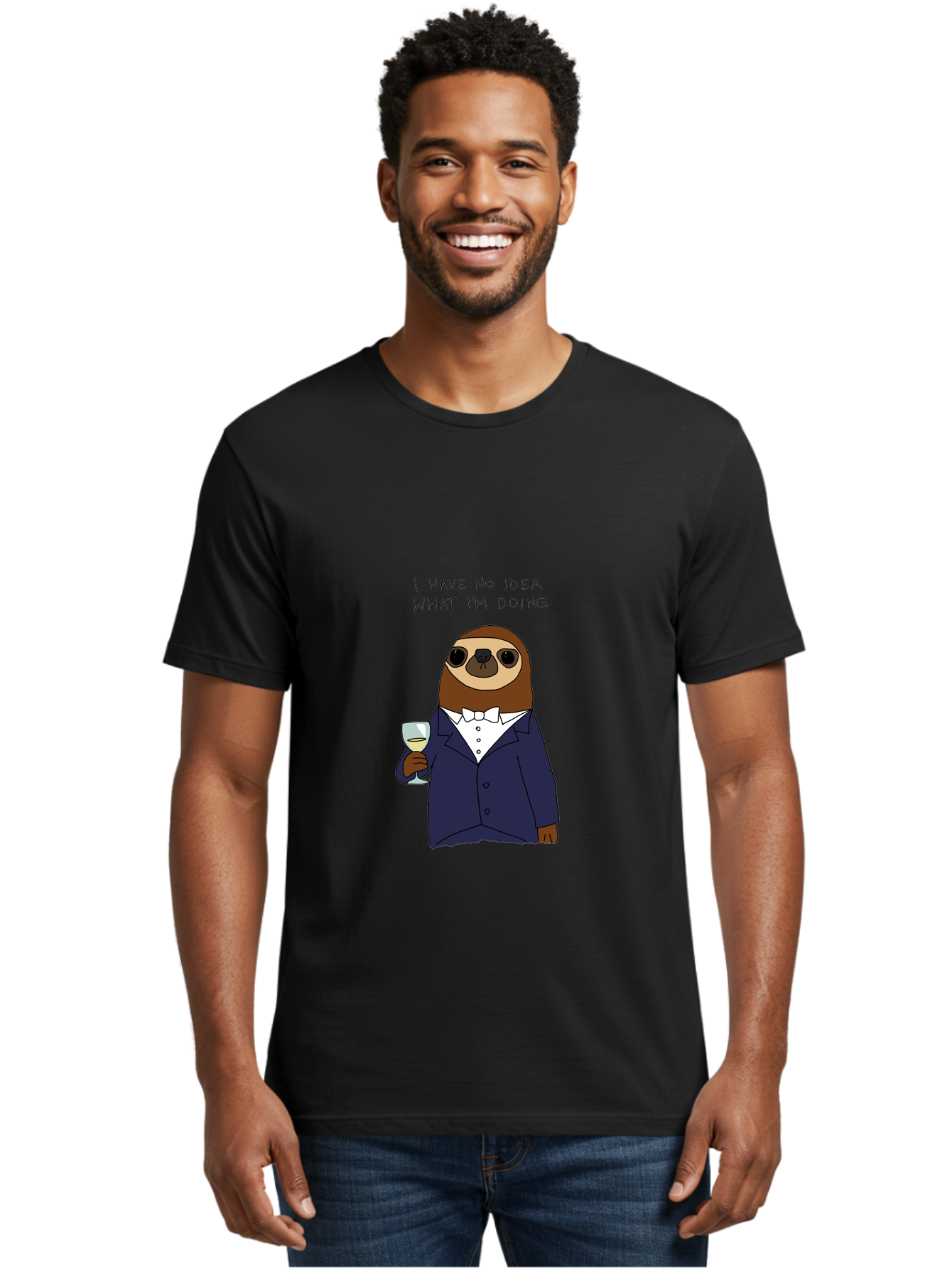 I-Have-No-Idea-What-I-M-Doing Men'S Graphic Tee, 100% Cotton, Comfortable Casual Summer Wear, Machine Washable, Sloth In Tuxedo, Holding Wine Glass, Humor, Funny Animal, Cartoon Character, Adult Beverage, Humorous Quote, Relatable Meme, - Aaa063 18