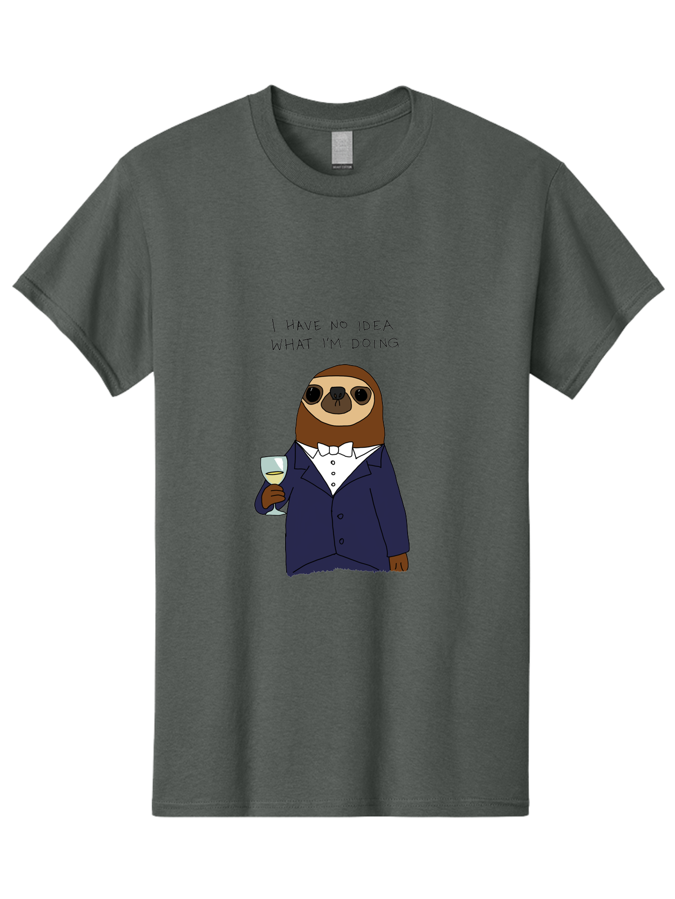I-Have-No-Idea-What-I-M-Doing Men'S Graphic Tee, 100% Cotton, Comfortable Casual Summer Wear, Machine Washable, Sloth In Tuxedo, Holding Wine Glass, Humor, Funny Animal, Cartoon Character, Adult Beverage, Humorous Quote, Relatable Meme, - Aaa063 29