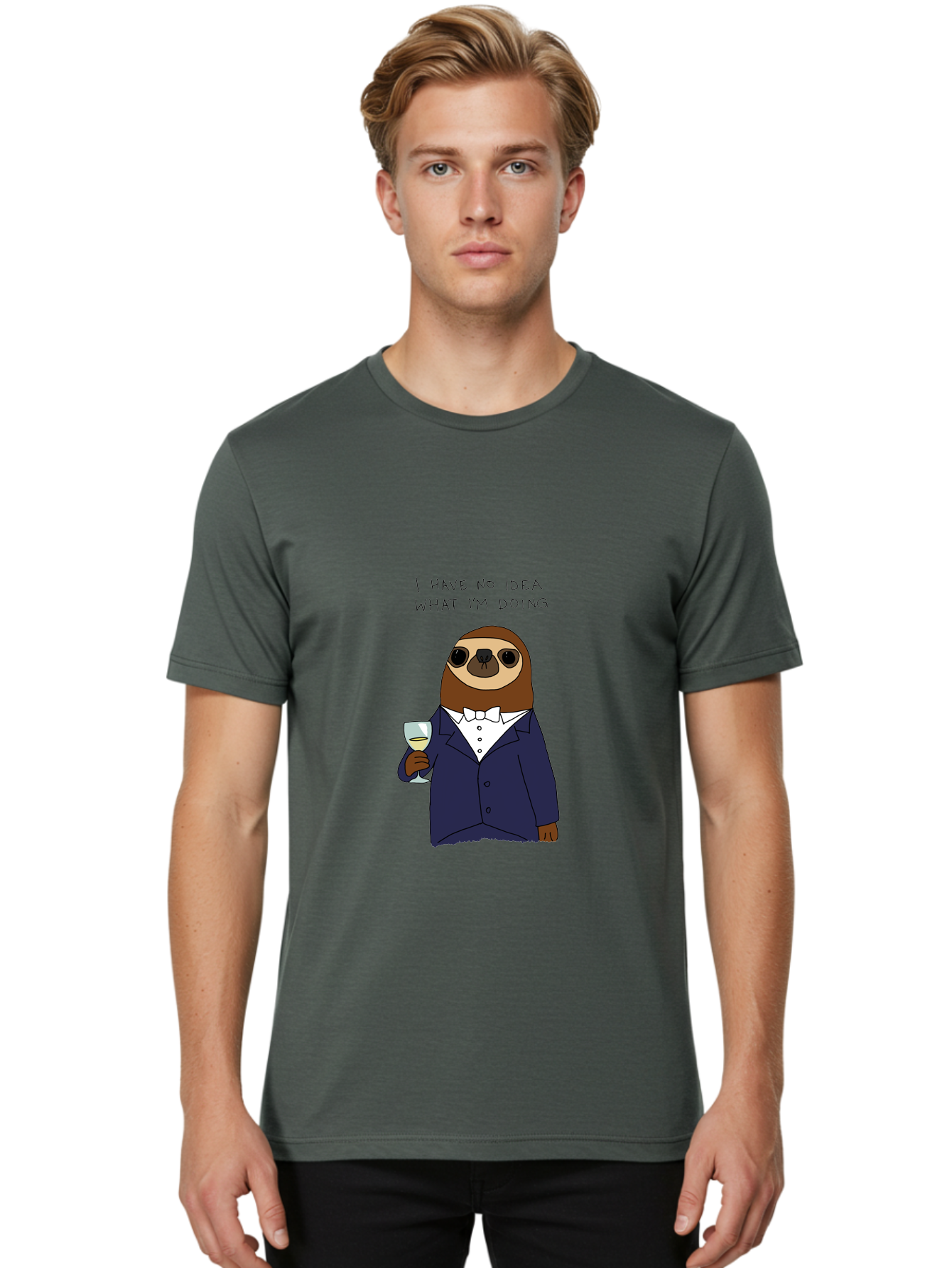 I-Have-No-Idea-What-I-M-Doing Men'S Graphic Tee, 100% Cotton, Comfortable Casual Summer Wear, Machine Washable, Sloth In Tuxedo, Holding Wine Glass, Humor, Funny Animal, Cartoon Character, Adult Beverage, Humorous Quote, Relatable Meme, - Aaa063 30