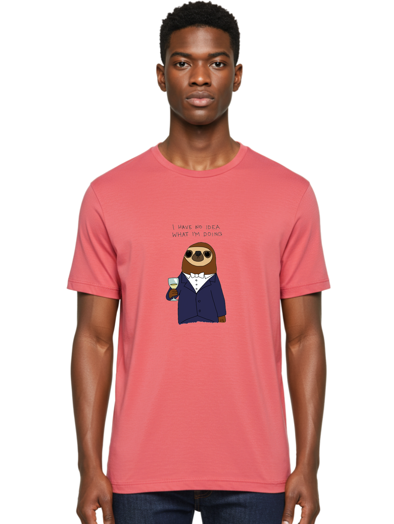 I-Have-No-Idea-What-I-M-Doing Men'S Graphic Tee, 100% Cotton, Comfortable Casual Summer Wear, Machine Washable, Sloth In Tuxedo, Holding Wine Glass, Humor, Funny Animal, Cartoon Character, Adult Beverage, Humorous Quote, Relatable Meme, - Aaa063 20