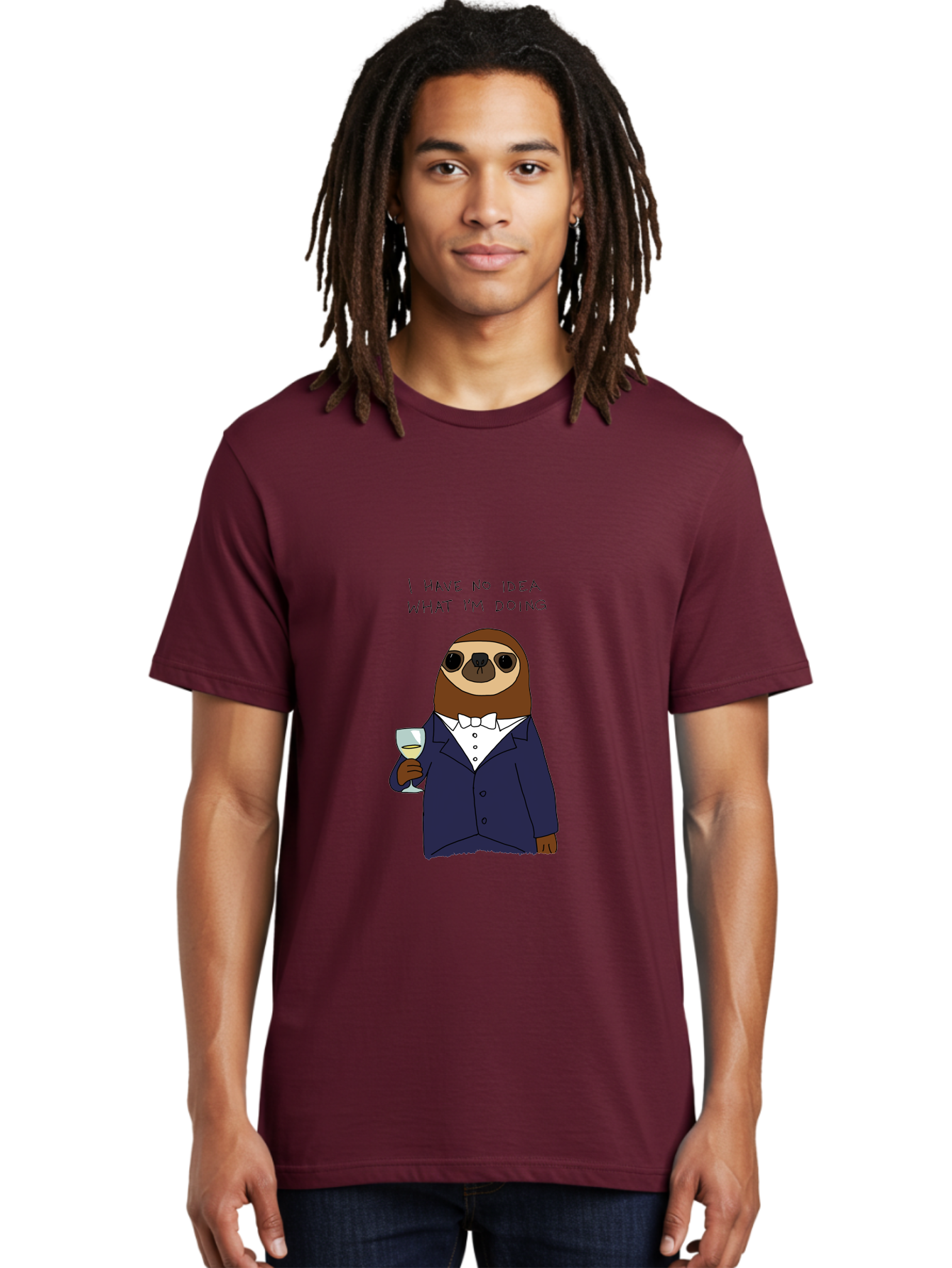 I-Have-No-Idea-What-I-M-Doing Men'S Graphic Tee, 100% Cotton, Comfortable Casual Summer Wear, Machine Washable, Sloth In Tuxedo, Holding Wine Glass, Humor, Funny Animal, Cartoon Character, Adult Beverage, Humorous Quote, Relatable Meme, - Aaa063 16