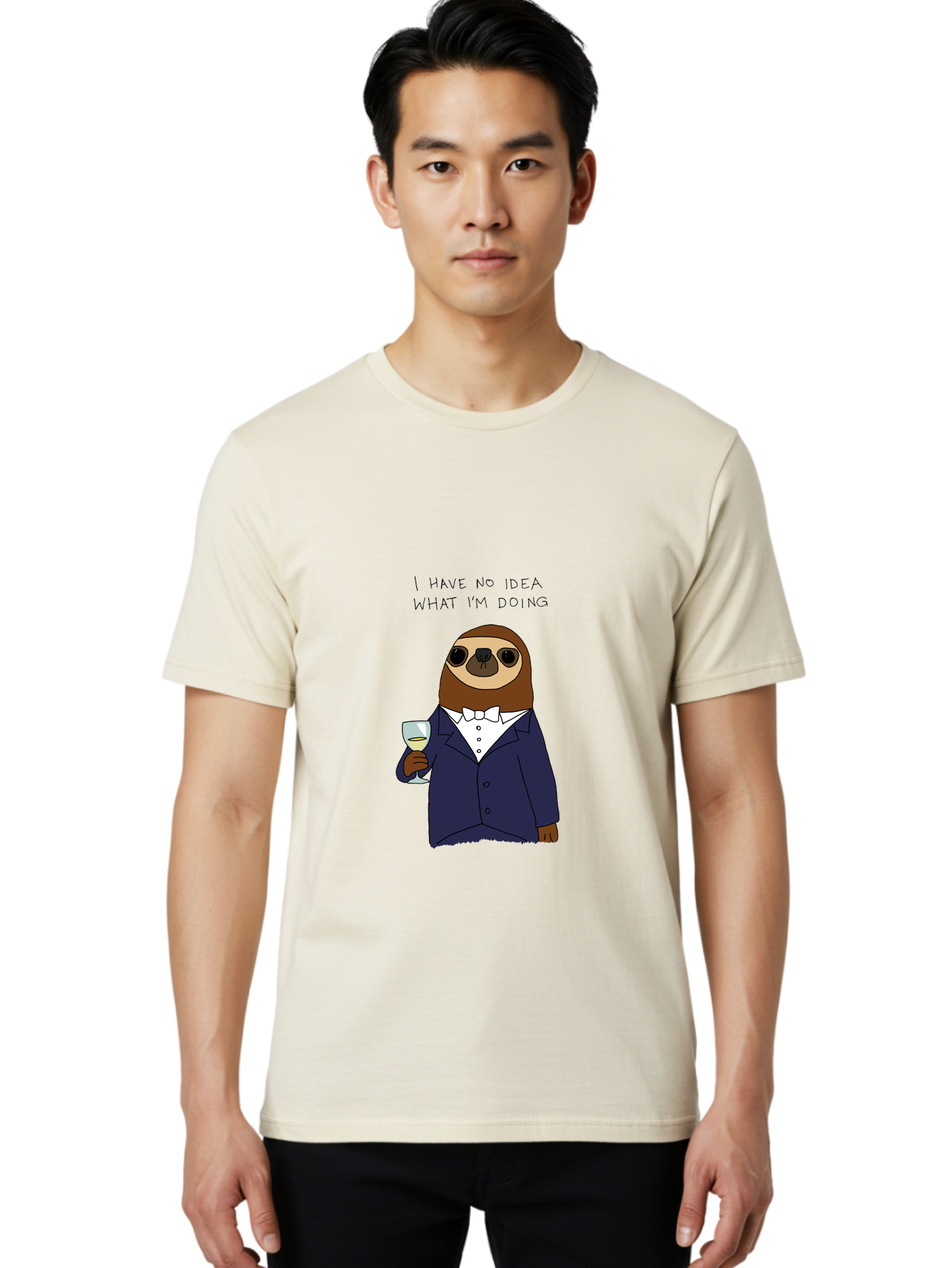 I-Have-No-Idea-What-I-M-Doing Men'S Graphic Tee, 100% Cotton, Comfortable Casual Summer Wear, Machine Washable, Sloth In Tuxedo, Holding Wine Glass, Humor, Funny Animal, Cartoon Character, Adult Beverage, Humorous Quote, Relatable Meme, - Aaa063 6