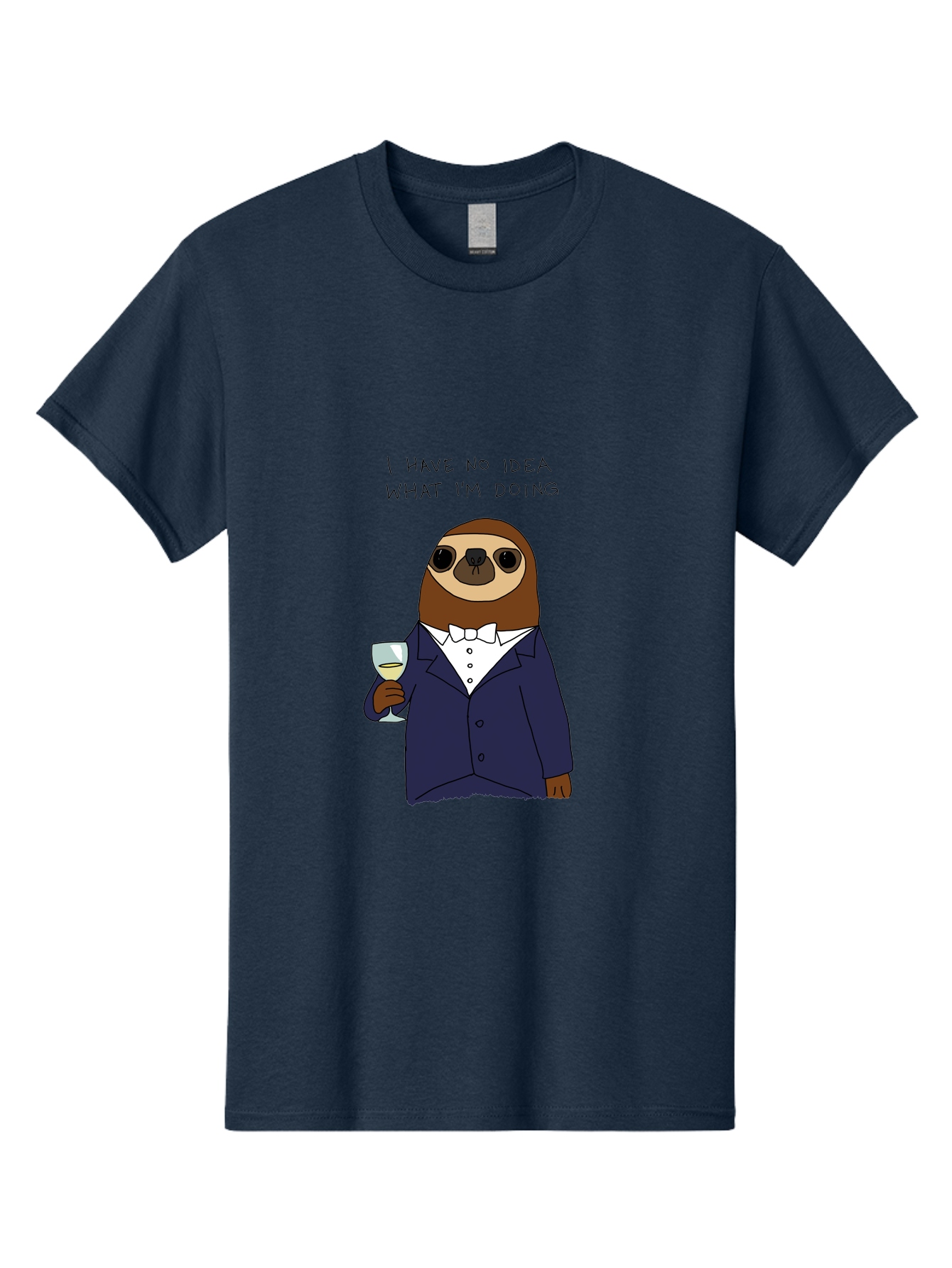 I-Have-No-Idea-What-I-M-Doing Men'S Graphic Tee, 100% Cotton, Comfortable Casual Summer Wear, Machine Washable, Sloth In Tuxedo, Holding Wine Glass, Humor, Funny Animal, Cartoon Character, Adult Beverage, Humorous Quote, Relatable Meme, - Aaa063 21