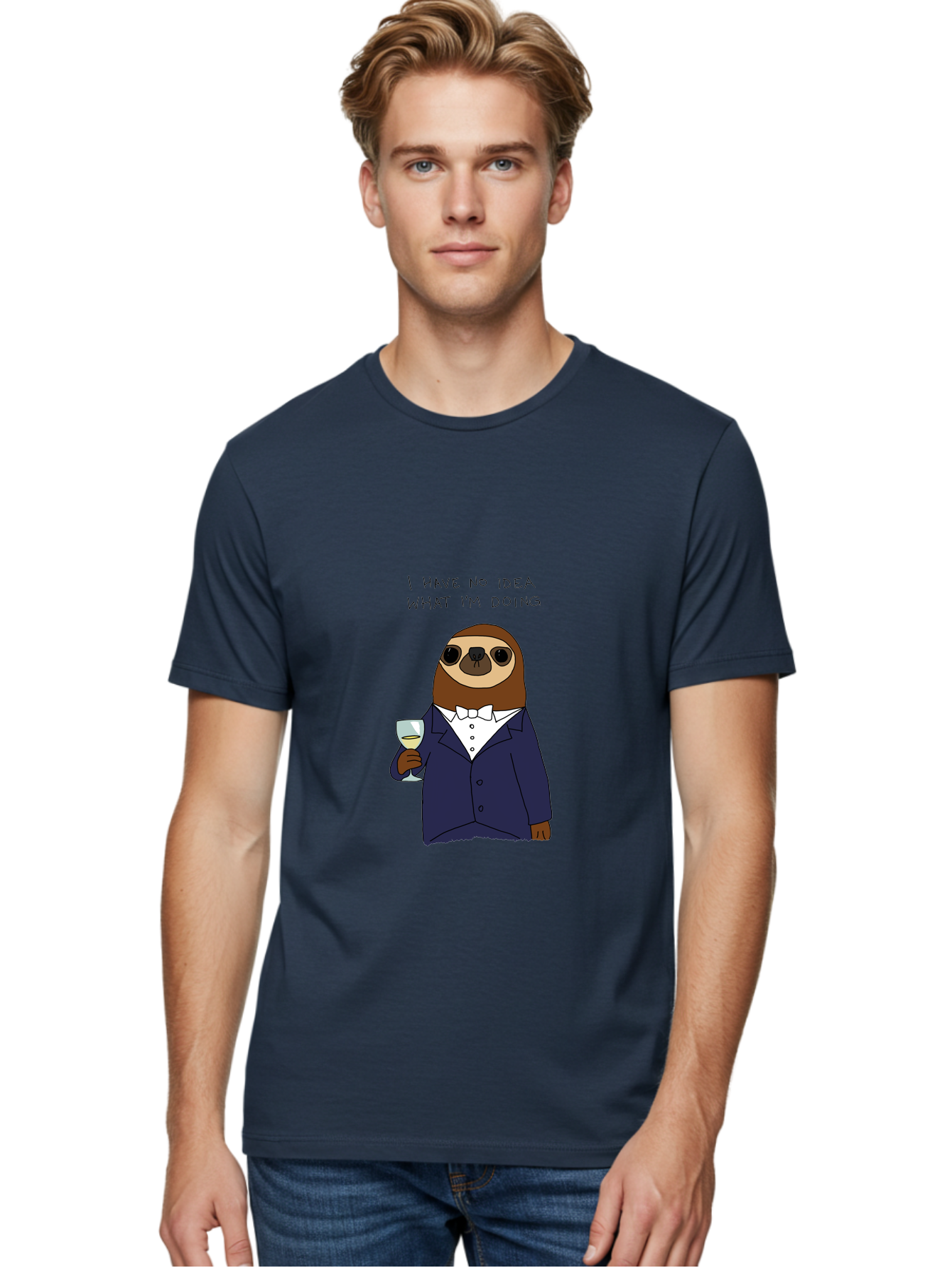 I-Have-No-Idea-What-I-M-Doing Men'S Graphic Tee, 100% Cotton, Comfortable Casual Summer Wear, Machine Washable, Sloth In Tuxedo, Holding Wine Glass, Humor, Funny Animal, Cartoon Character, Adult Beverage, Humorous Quote, Relatable Meme, - Aaa063 22
