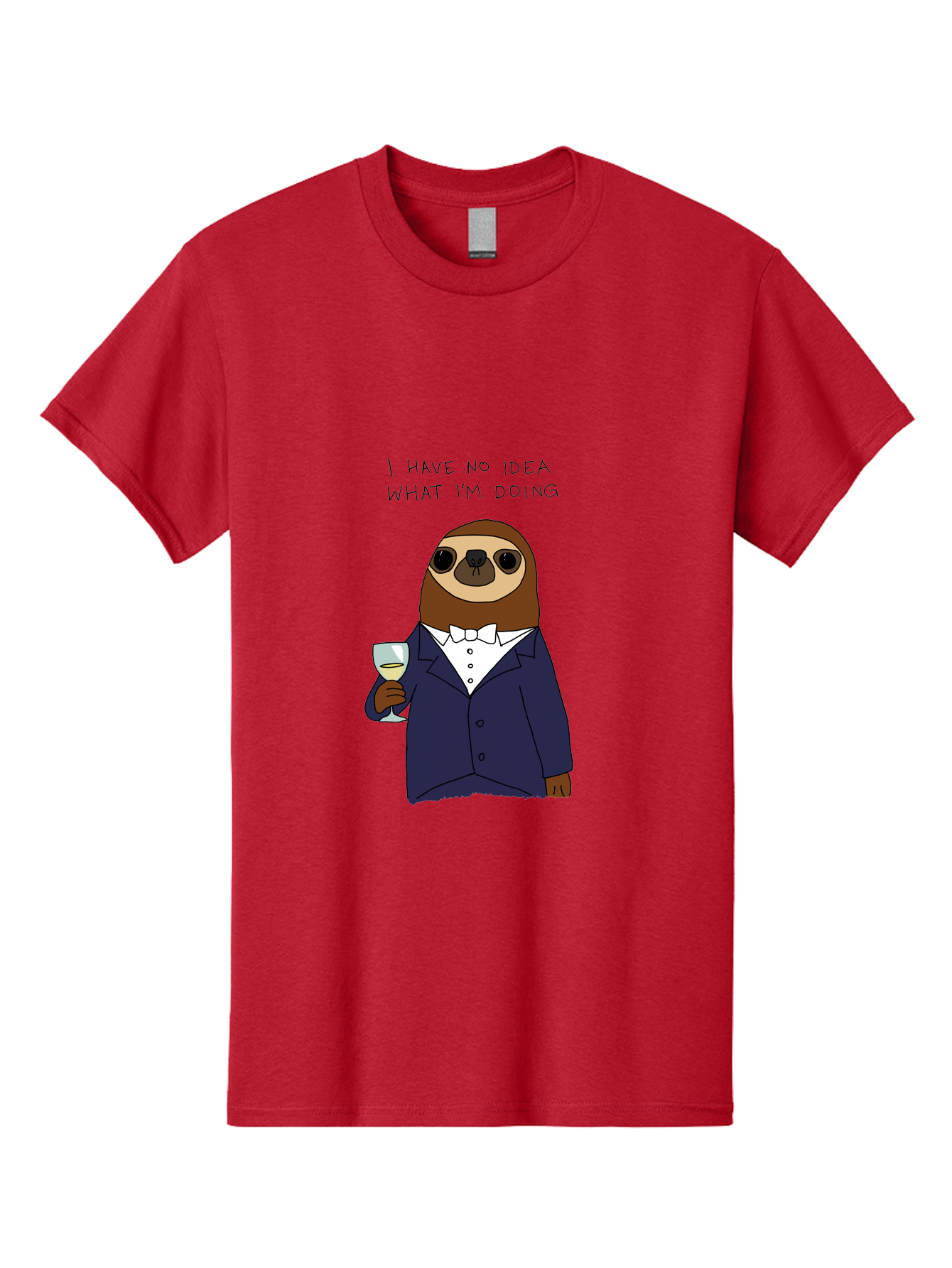 I-Have-No-Idea-What-I-M-Doing Men'S Graphic Tee, 100% Cotton, Comfortable Casual Summer Wear, Machine Washable, Sloth In Tuxedo, Holding Wine Glass, Humor, Funny Animal, Cartoon Character, Adult Beverage, Humorous Quote, Relatable Meme, - Aaa063 23