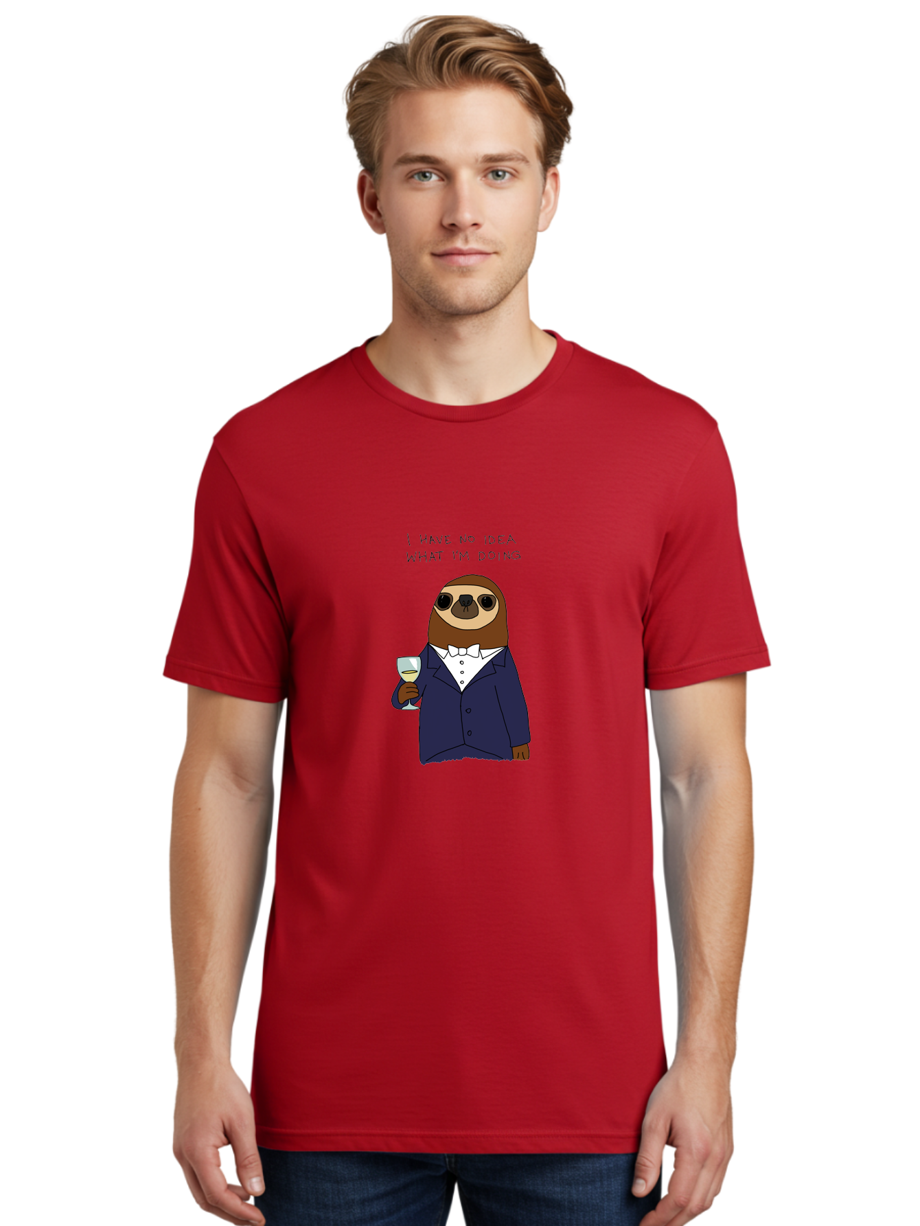I-Have-No-Idea-What-I-M-Doing Men'S Graphic Tee, 100% Cotton, Comfortable Casual Summer Wear, Machine Washable, Sloth In Tuxedo, Holding Wine Glass, Humor, Funny Animal, Cartoon Character, Adult Beverage, Humorous Quote, Relatable Meme, - Aaa063 24