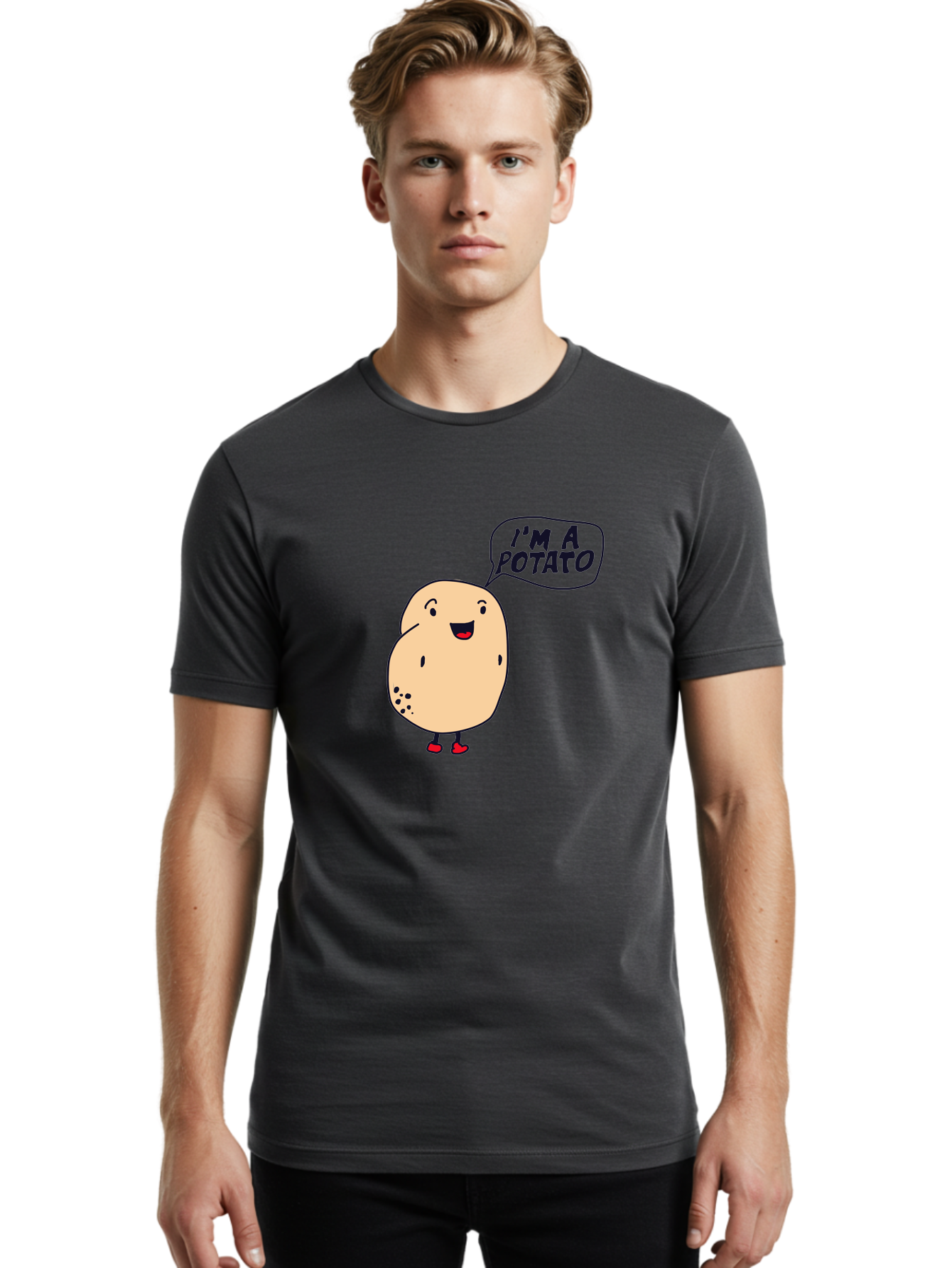 I-M-A-Potato Men'S Graphic Tee, 100% Cotton, Comfortable Casual Summer Wear, Machine Washable, I'M A Potato, Cartoon Potato, Smiling Potato, Speech Bubble, Humorous Character, Cute Illustration, Funny Graphic, Playful Design, - Aaa070 28