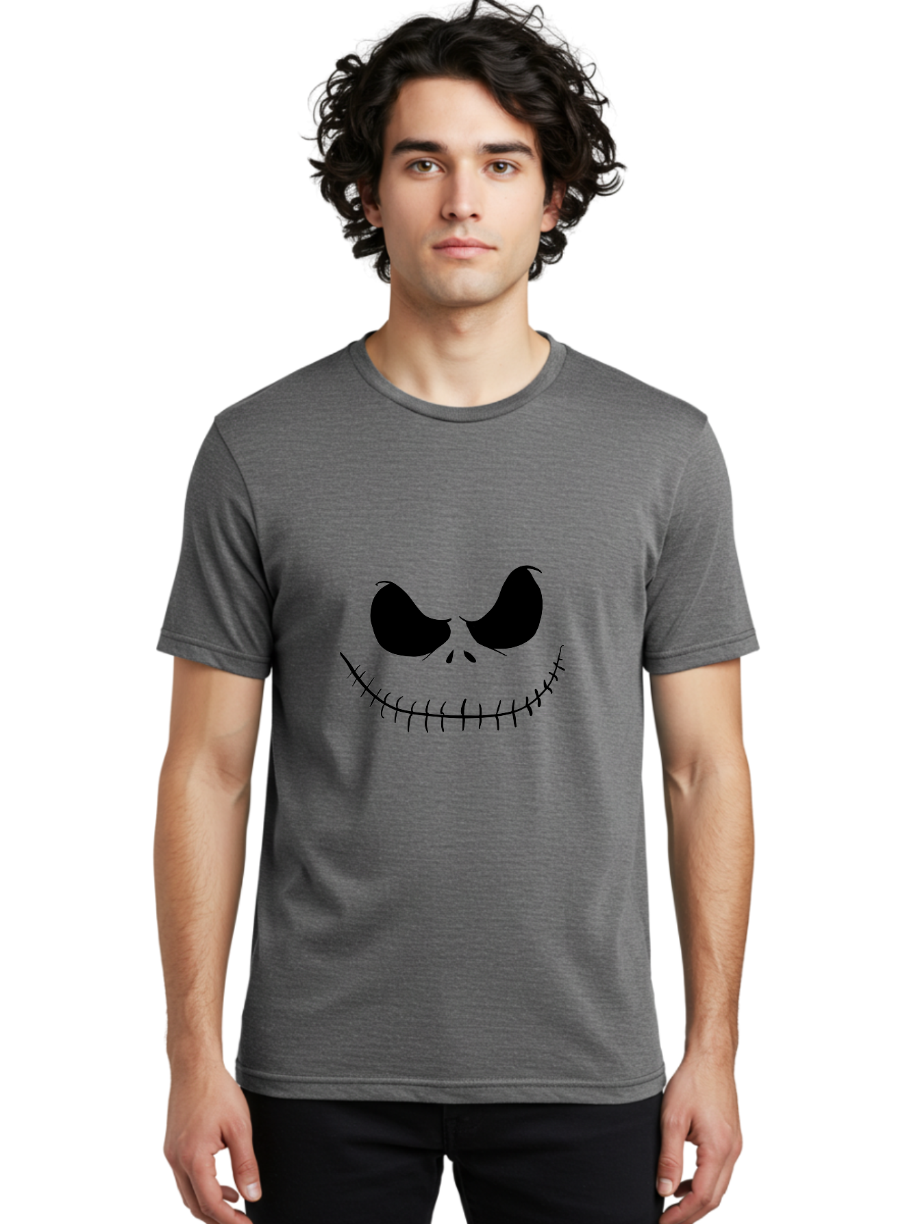 Jack-Skellington-Face Men'S Graphic Tee, 100% Cotton, Comfortable Casual Summer Wear, Machine Washable, Jack Skellington Face, The Nightmare Before Christmas Character, Spooky Face, Black Silhouette, Stitched Smile, Halloween Icon, - Aaa083 12