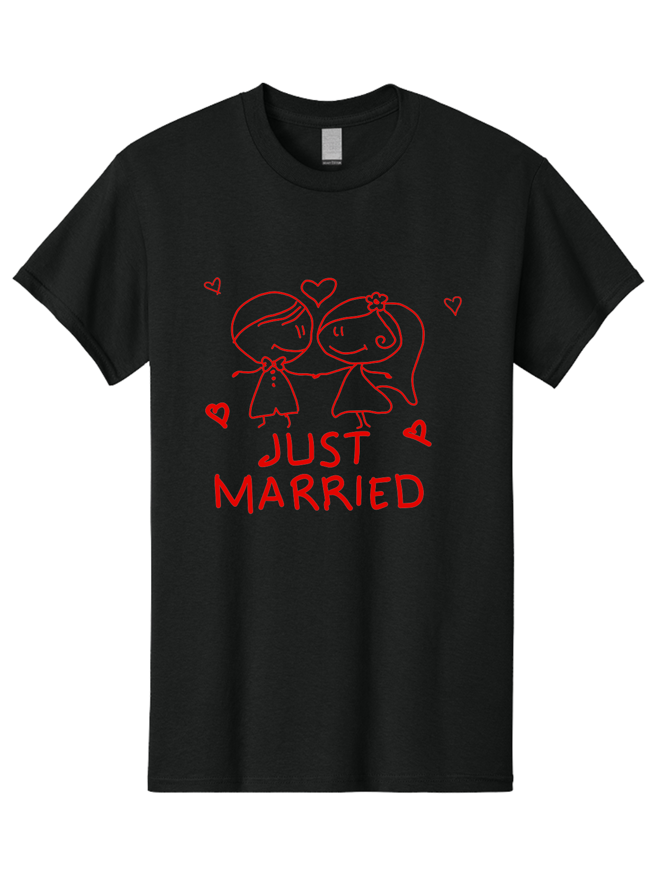 Just-Married Men'S Graphic Tee, 100% Cotton, Comfortable Casual Summer Wear, Machine Washable, Newlywed Couple, Cartoon Bride And Groom, Love Hearts, Red Text, Hand Drawn Illustration, Wedding Celebration, Sweethearts Together, Romantic Art - Aaa084 11