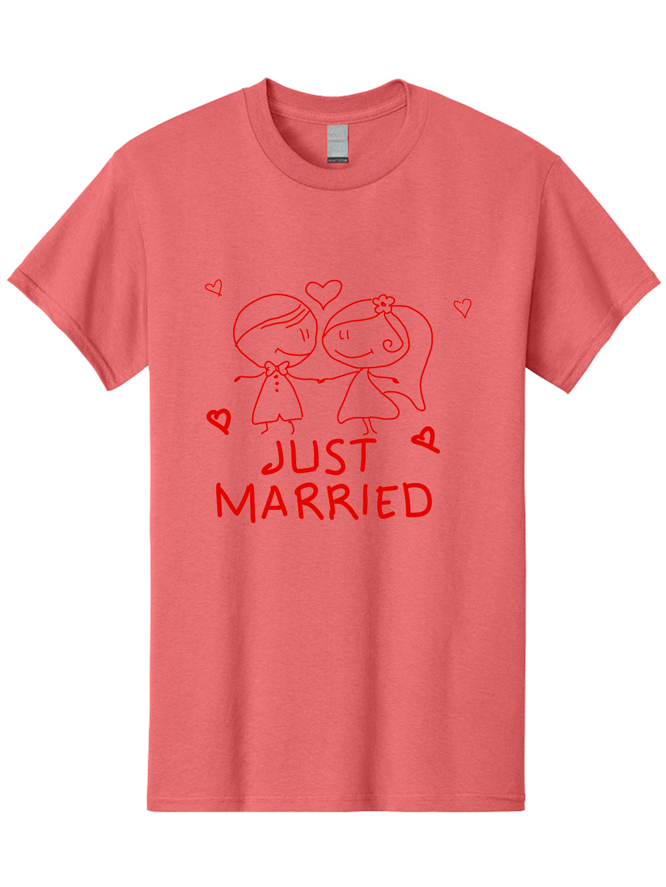 Just-Married Men'S Graphic Tee, 100% Cotton, Comfortable Casual Summer Wear, Machine Washable, Newlywed Couple, Cartoon Bride And Groom, Love Hearts, Red Text, Hand Drawn Illustration, Wedding Celebration, Sweethearts Together, Romantic Art - Aaa084 19