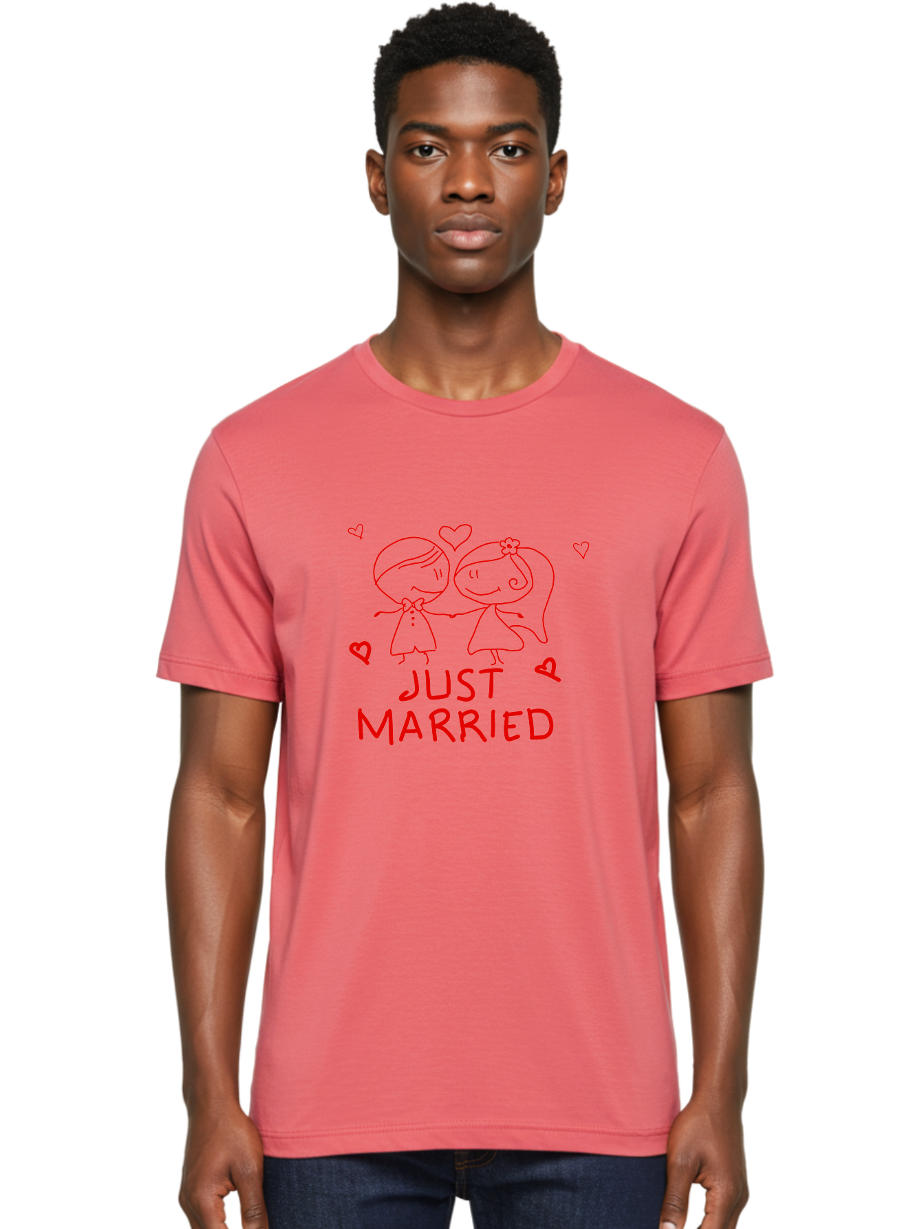 Just-Married Men'S Graphic Tee, 100% Cotton, Comfortable Casual Summer Wear, Machine Washable, Newlywed Couple, Cartoon Bride And Groom, Love Hearts, Red Text, Hand Drawn Illustration, Wedding Celebration, Sweethearts Together, Romantic Art - Aaa084 20