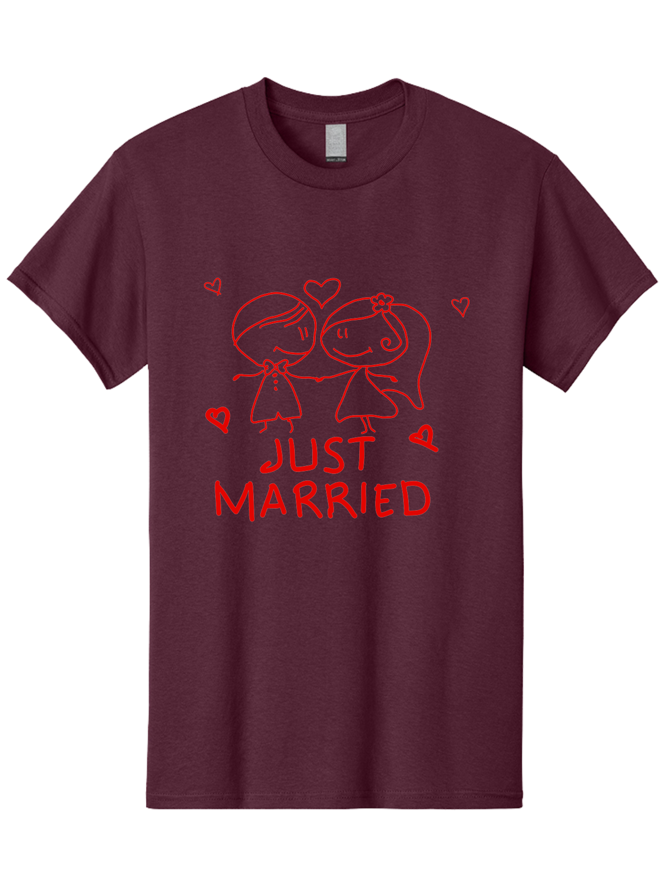 Just-Married Men'S Graphic Tee, 100% Cotton, Comfortable Casual Summer Wear, Machine Washable, Newlywed Couple, Cartoon Bride And Groom, Love Hearts, Red Text, Hand Drawn Illustration, Wedding Celebration, Sweethearts Together, Romantic Art - Aaa084 9