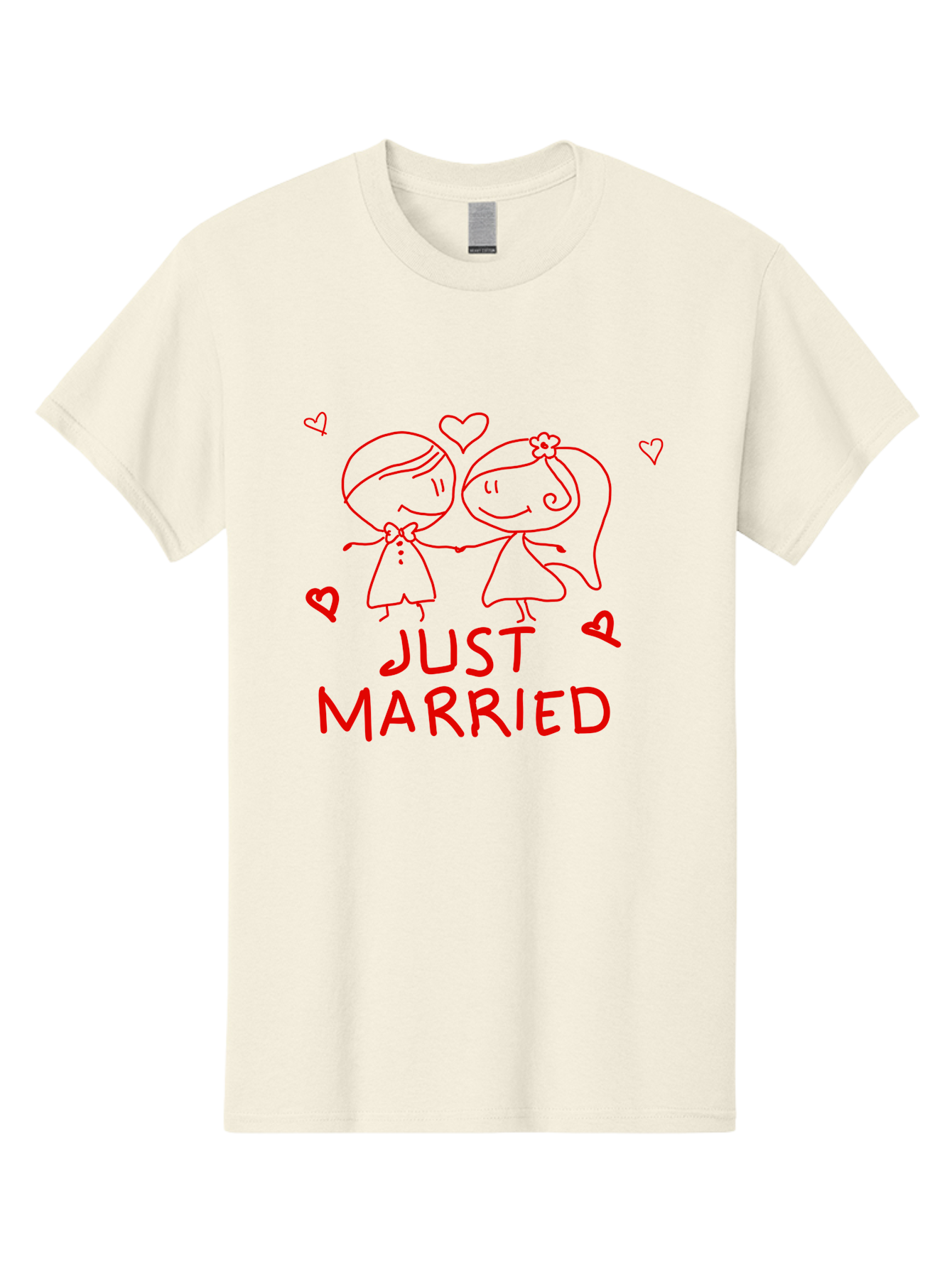 Just-Married Men'S Graphic Tee, 100% Cotton, Comfortable Casual Summer Wear, Machine Washable, Newlywed Couple, Cartoon Bride And Groom, Love Hearts, Red Text, Hand Drawn Illustration, Wedding Celebration, Sweethearts Together, Romantic Art - Aaa084 27
