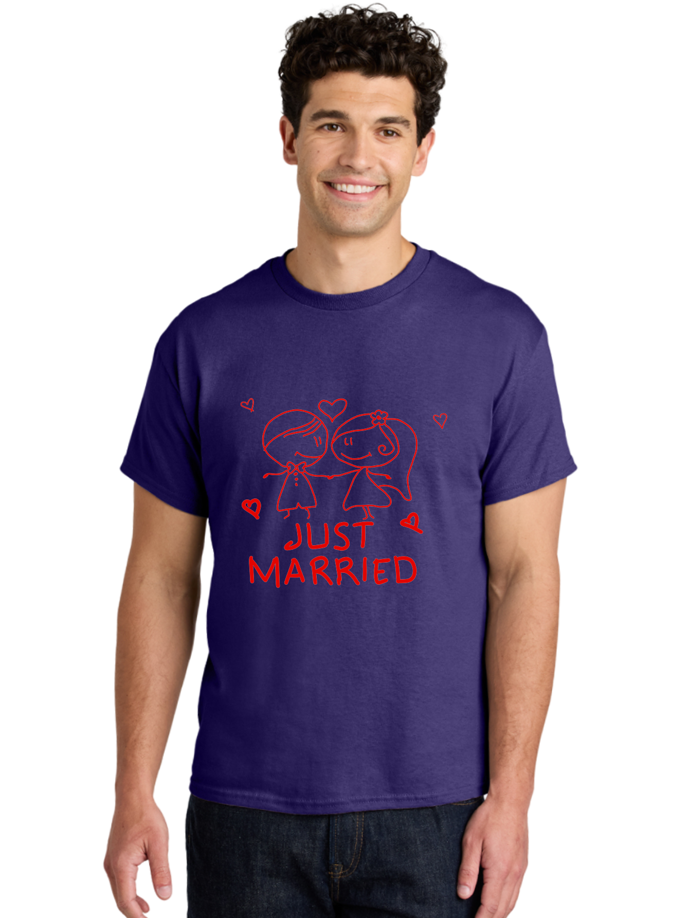 Just-Married Men'S Graphic Tee, 100% Cotton, Comfortable Casual Summer Wear, Machine Washable, Newlywed Couple, Cartoon Bride And Groom, Love Hearts, Red Text, Hand Drawn Illustration, Wedding Celebration, Sweethearts Together, Romantic Art - Aaa084 6