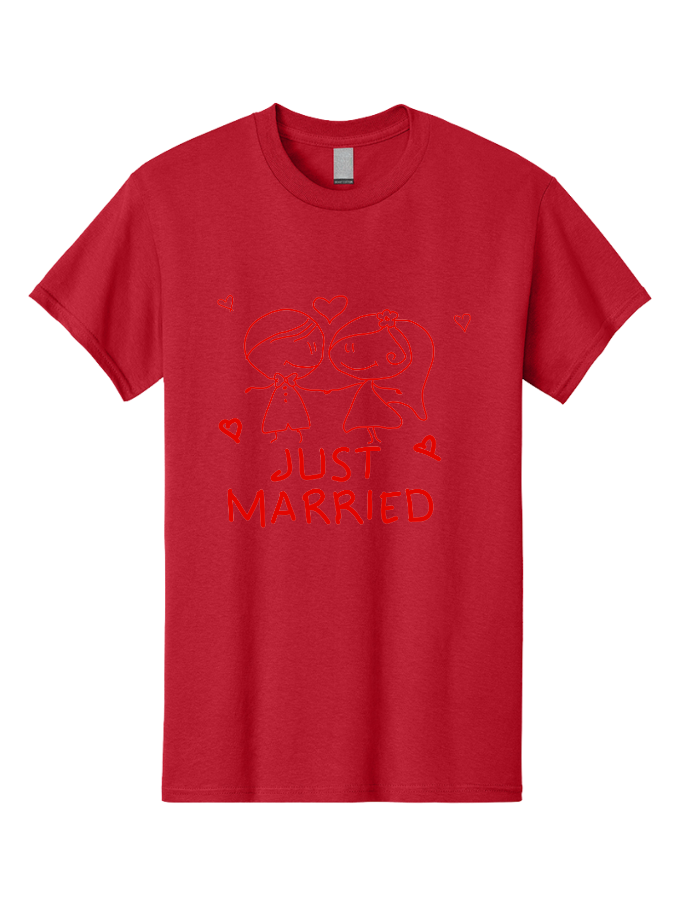 Just-Married Men'S Graphic Tee, 100% Cotton, Comfortable Casual Summer Wear, Machine Washable, Newlywed Couple, Cartoon Bride And Groom, Love Hearts, Red Text, Hand Drawn Illustration, Wedding Celebration, Sweethearts Together, Romantic Art - Aaa084 25
