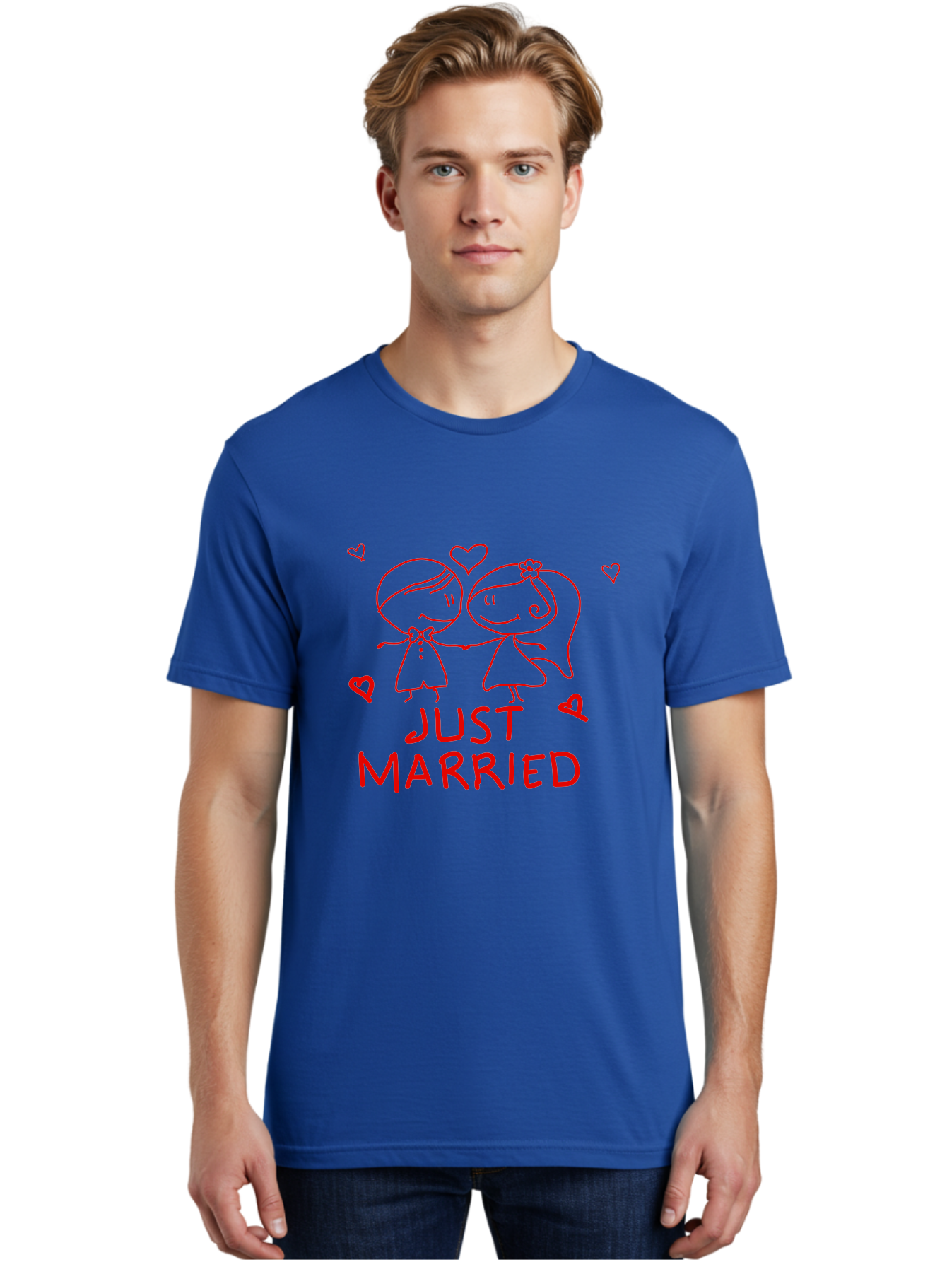 Just-Married Men'S Graphic Tee, 100% Cotton, Comfortable Casual Summer Wear, Machine Washable, Newlywed Couple, Cartoon Bride And Groom, Love Hearts, Red Text, Hand Drawn Illustration, Wedding Celebration, Sweethearts Together, Romantic Art - Aaa084 4