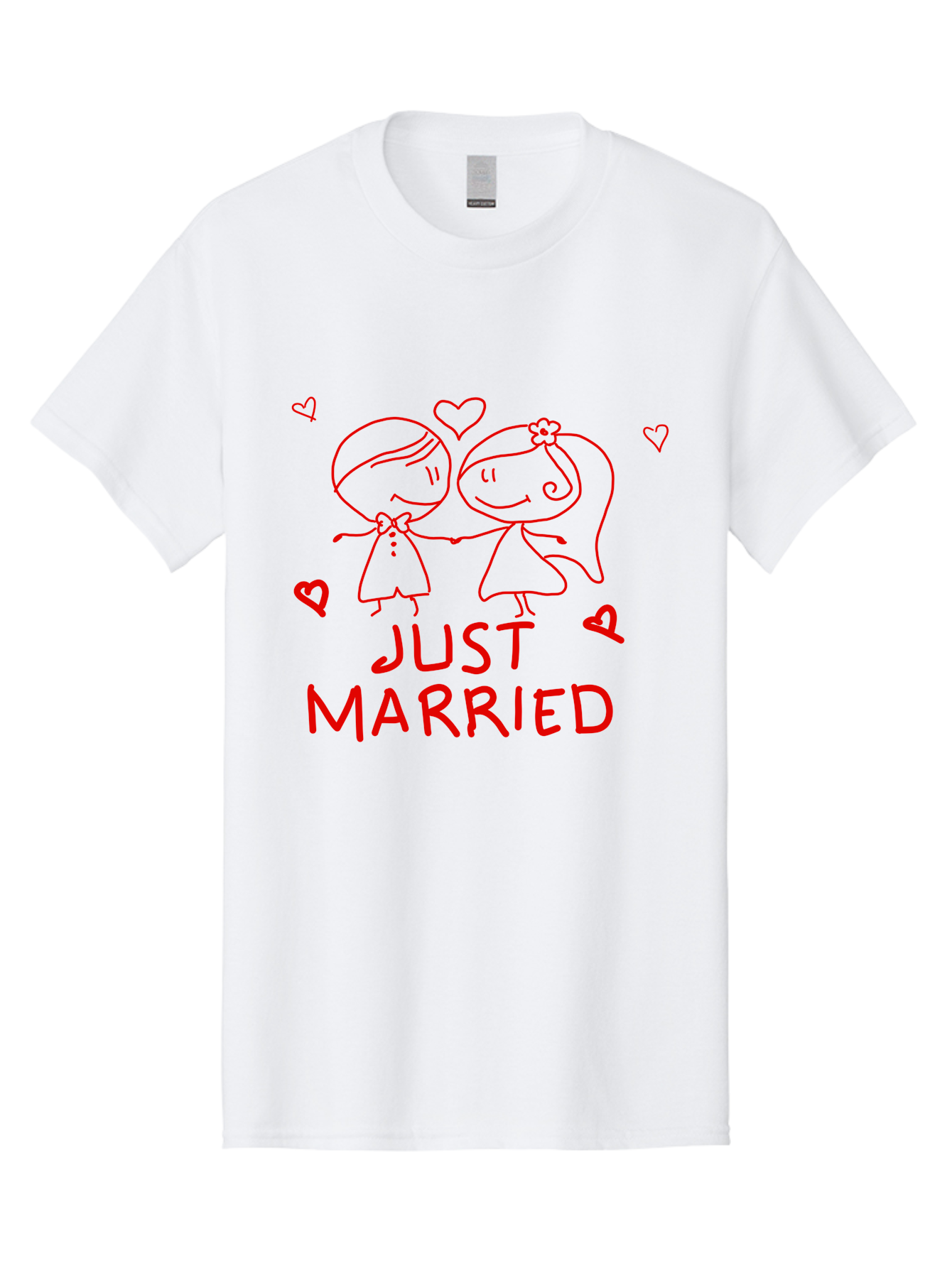 Just-Married Men'S Graphic Tee, 100% Cotton, Comfortable Casual Summer Wear, Machine Washable, Newlywed Couple, Cartoon Bride And Groom, Love Hearts, Red Text, Hand Drawn Illustration, Wedding Celebration, Sweethearts Together, Romantic Art - Aaa084 21