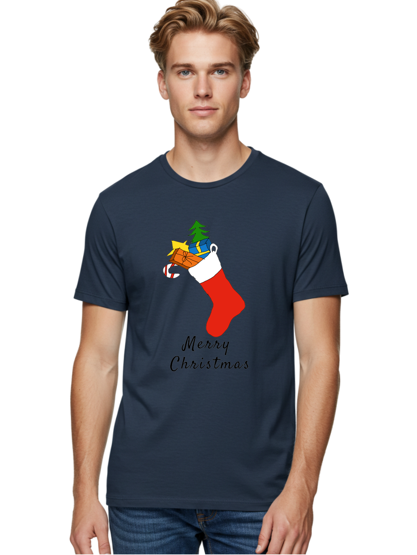 Merry-Christmas-1 Men'S Graphic Tee, 100% Cotton, Comfortable Casual Summer Wear, Machine Washable, Christmas Stocking, Holiday Gifts, Festive Decorations, Christmas Tree, Wrapped Presents, Candy Cane, Merry Christmas Greeting, - Aaa096 6