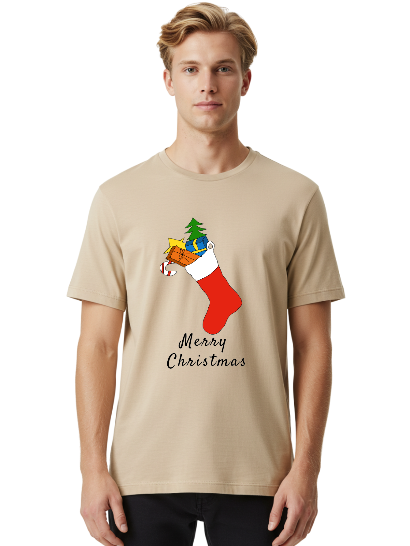 Merry-Christmas-1 Men'S Graphic Tee, 100% Cotton, Comfortable Casual Summer Wear, Machine Washable, Christmas Stocking, Holiday Gifts, Festive Decorations, Christmas Tree, Wrapped Presents, Candy Cane, Merry Christmas Greeting, - Aaa096 28