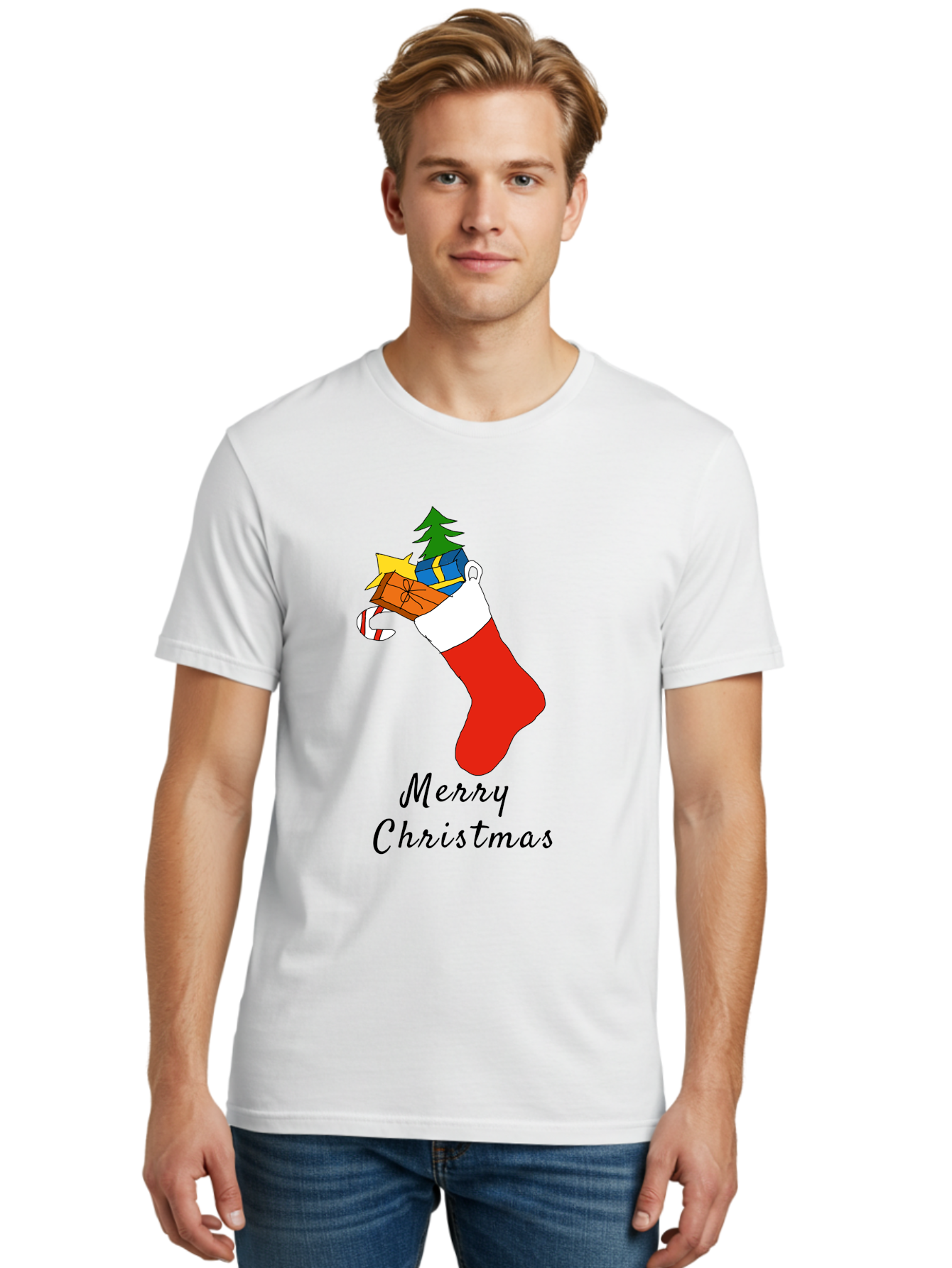 Merry-Christmas-1 Men'S Graphic Tee, 100% Cotton, Comfortable Casual Summer Wear, Machine Washable, Christmas Stocking, Holiday Gifts, Festive Decorations, Christmas Tree, Wrapped Presents, Candy Cane, Merry Christmas Greeting, - Aaa096 4